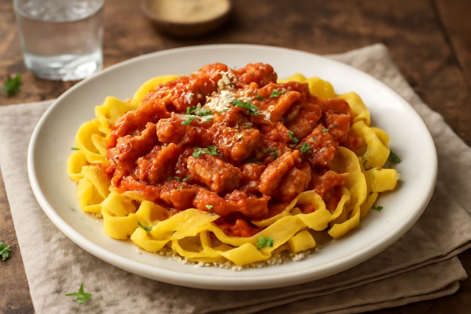 Piatto di tagliatelle con le trippe, pasta gialla ondulata ricoperta di sugo rosso scuro, strisce di trippa tenera sparse uniformemente, spolverata di parmigiano grattugiato bianco, contorno di prezze