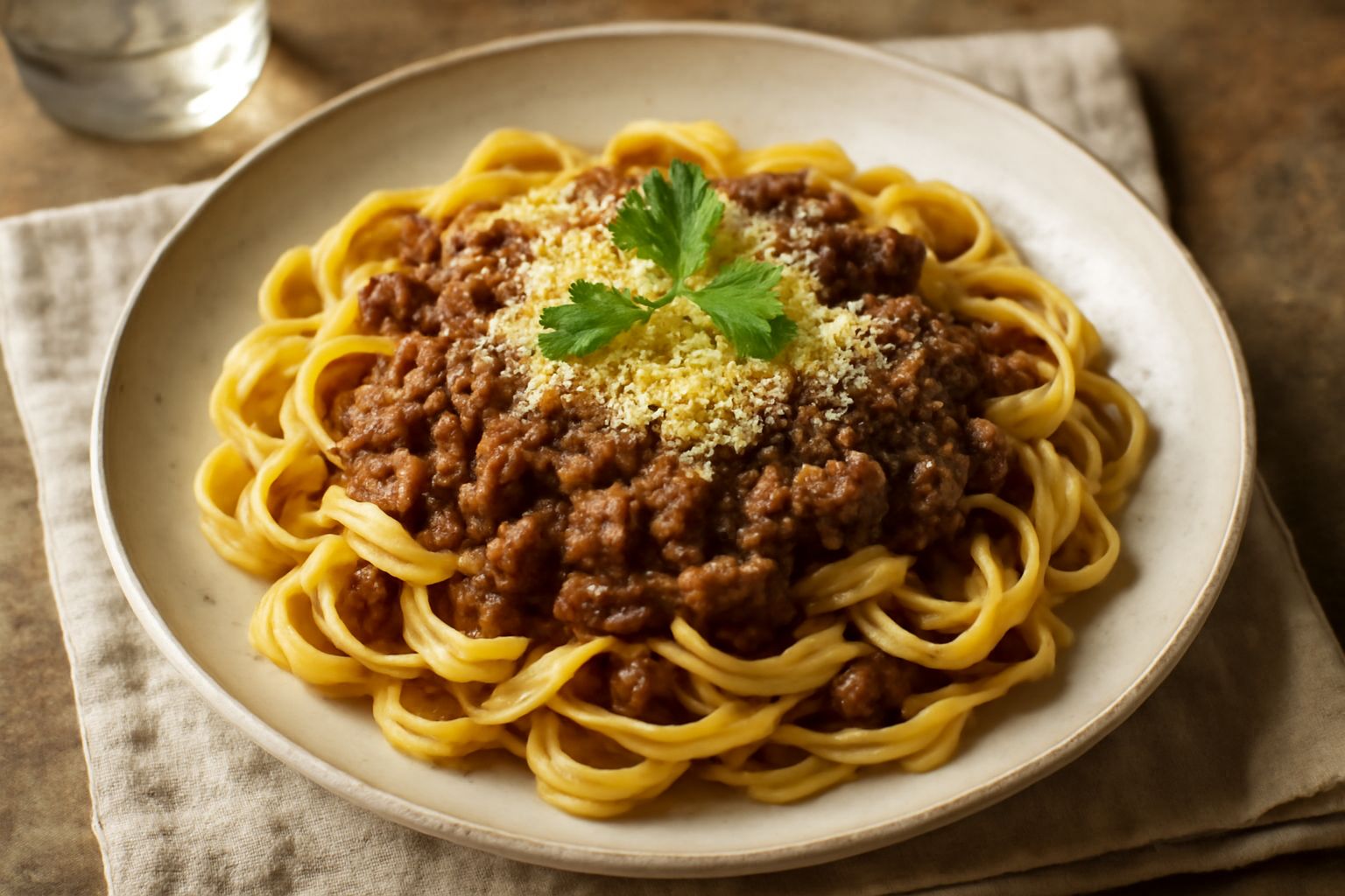 Piatto bianco con tagliatelle gialle condite da ragù marrone scuro di selvaggina, completato da scaglie di parmigiano grattugiato e prezzemolo fresco sopra