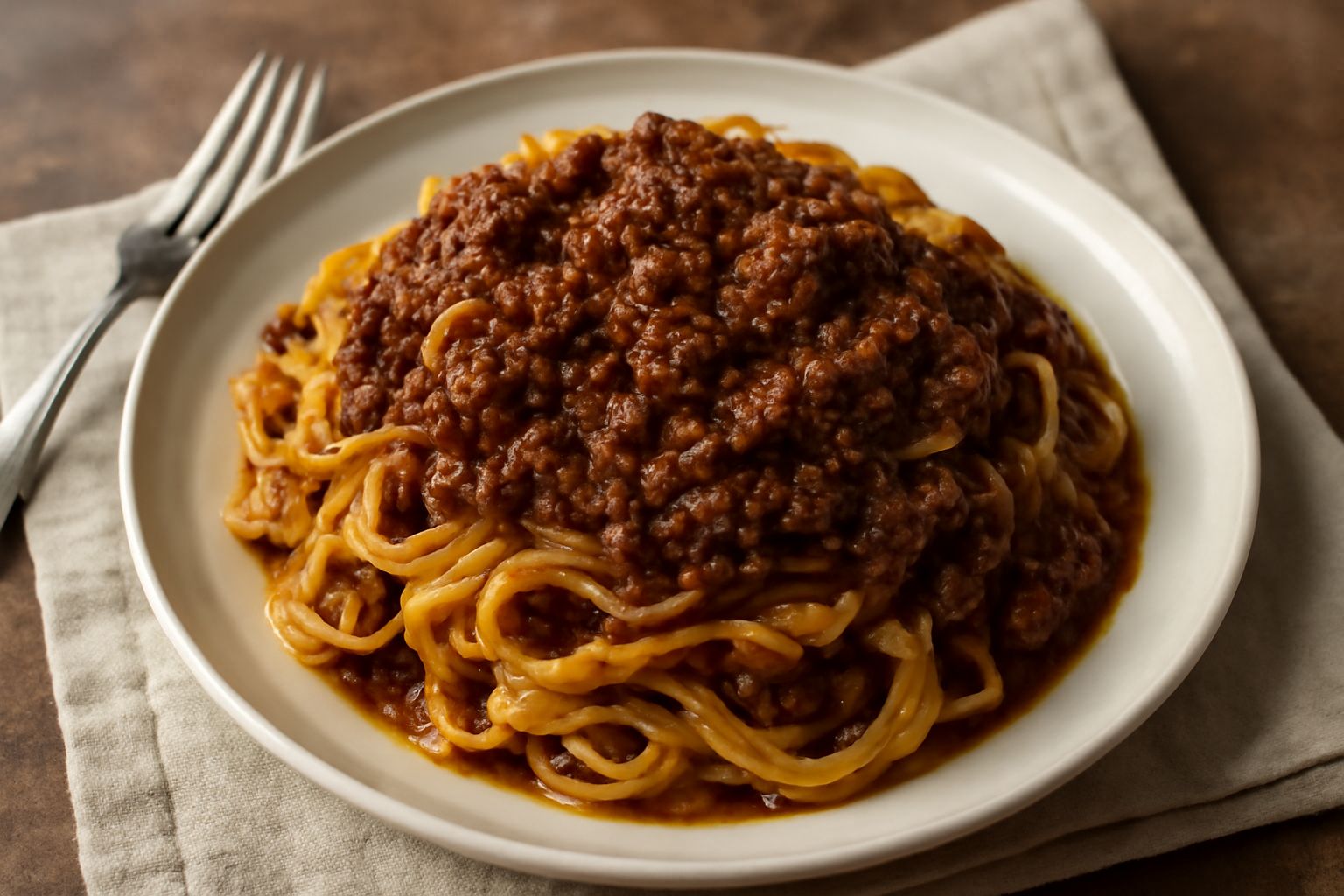 Piatto di tagliatelle gialle stese, coperte da ragù marrone scuro con frammenti di carne, guarnite da formaggio grattugiato e prezzemolo fresco, su fondo bianco