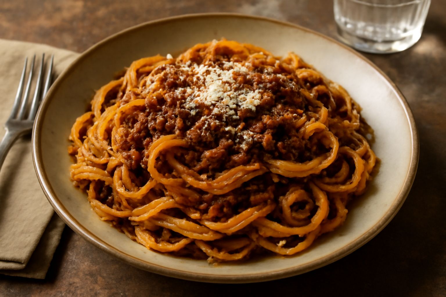 Piatto di tagliatelle dorate ricoperte di ragù marrone scuro e denso, con carni sfatte visibili, guarnite di prezzemolo fresco tritato e parmigiano grattugiato, servito su piatto bianco