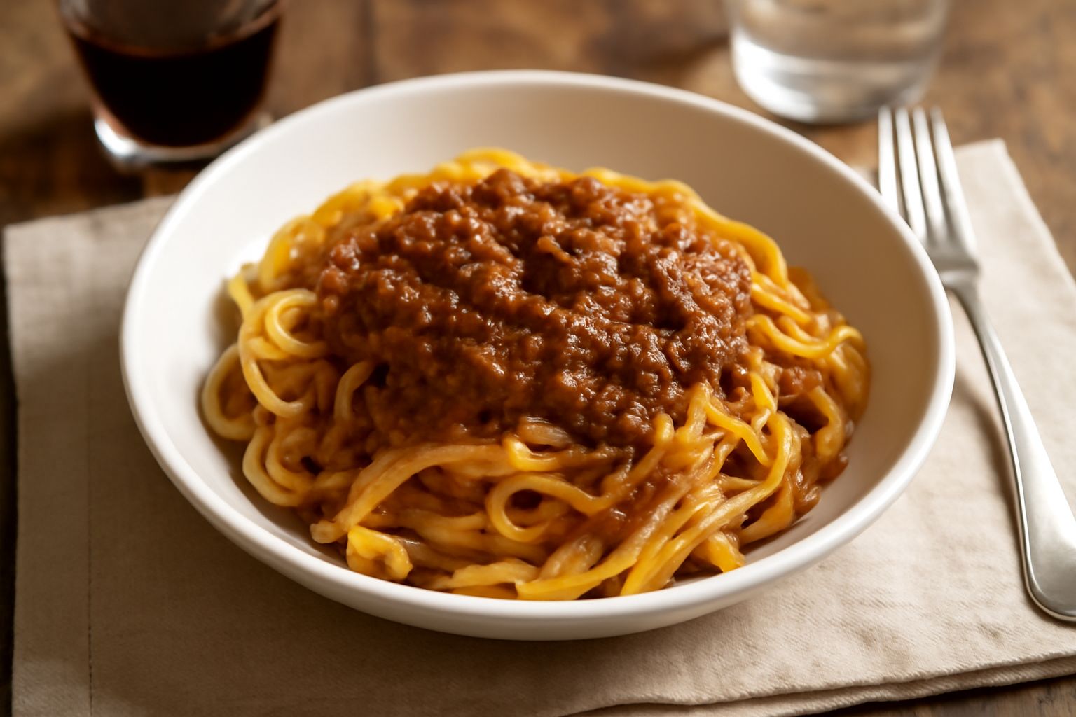 Tagliatelle dorate avvolte intorno a una forchetta, coperte da ragù di carne marrone scuro con sfumature rosse, parmigiano grattugiato bianco e un filo d'olio d'oliva, servito in piatto bianco fondo