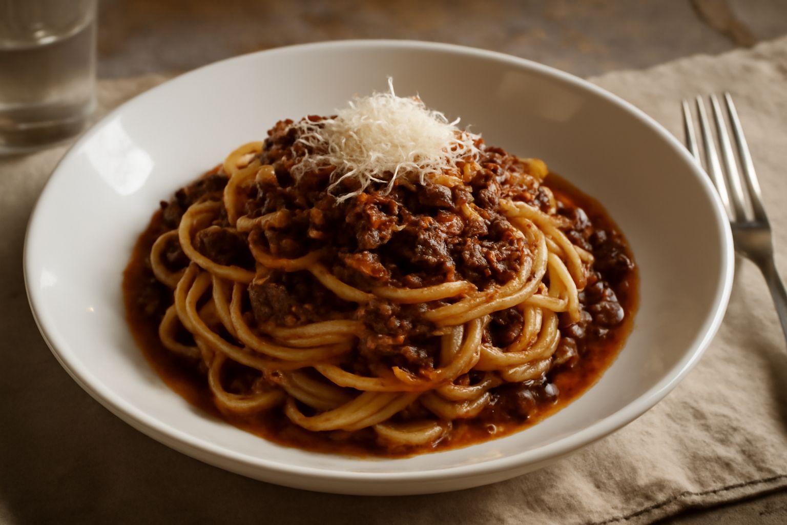Un piatto bianco con tagliatelle gialle avvolte attorno alla forchetta, condite da un ragù marrone scuro ricco di pezzi di carne, con una grattugia di formaggio grattugiato in superficie e un leggero