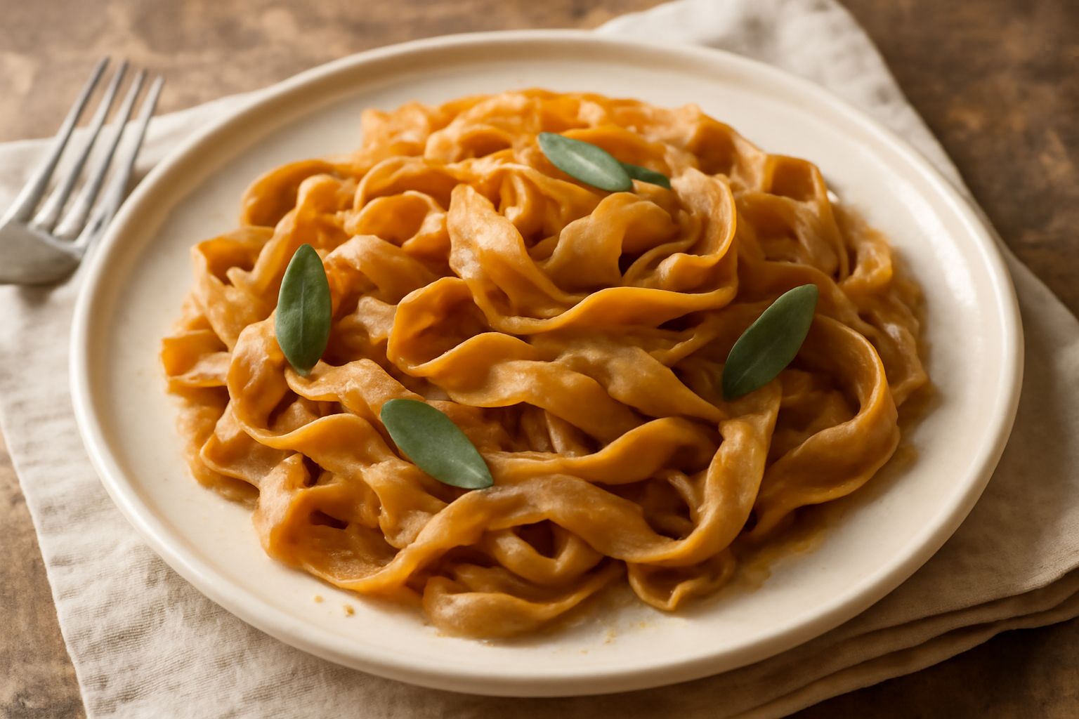 Tagliatelle di castagne dorate adagiate nel piatto bianco, guarite con burro e salvia fresca, accanto a una forchetta di legno e una ciotola di parmigiano grattugiato