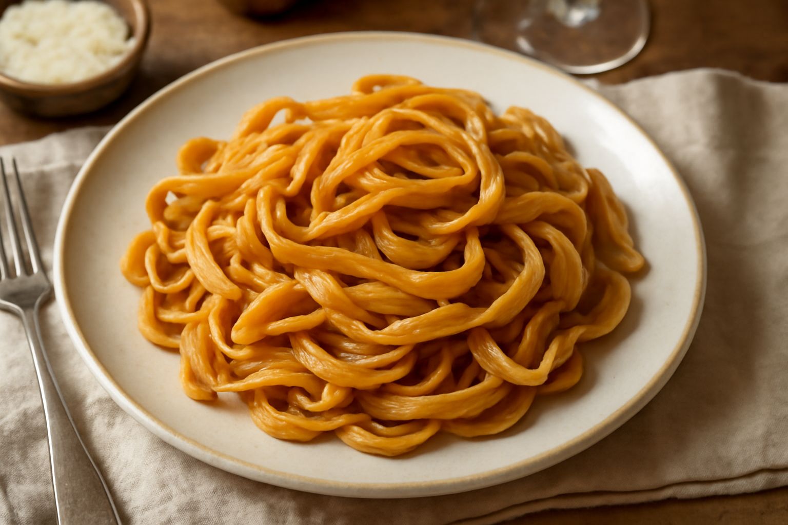 Tagliatelle dorate di farina di castagna arrotolate nel piatto, coperte da burro fuso e salvia fresca, con una leggera spolverata di parmigiano grattugiato