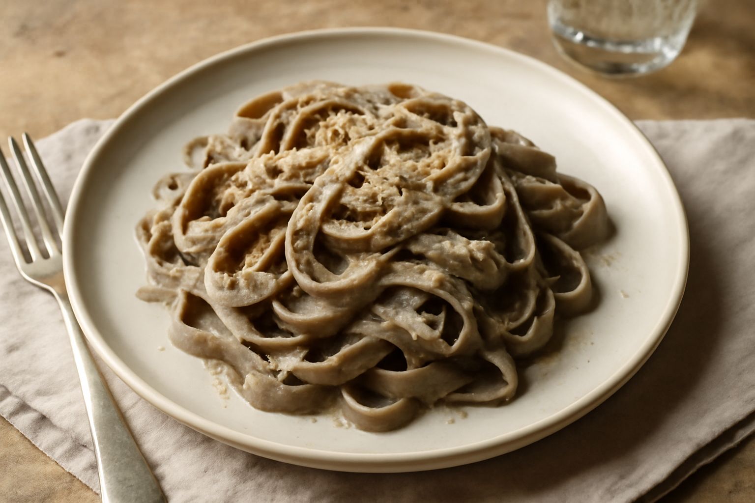 Tagliatelle di grano saraceno grigio-beige arrotolate delicatamente su un piatto bianco, cosparse di burro fuso e parmigiano grattugiato, con una forchetta poggiata sul bordo