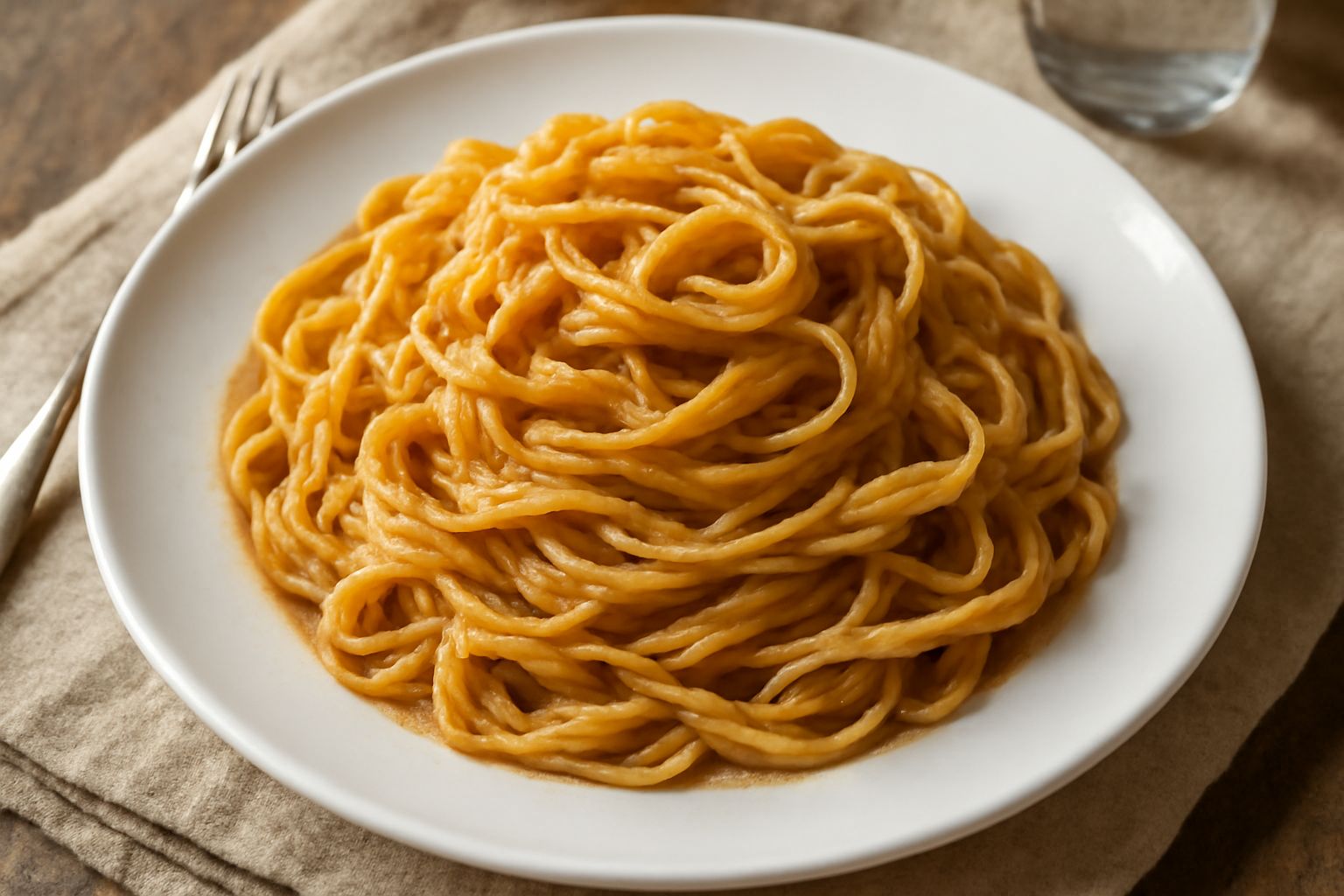 Tagliatelle di melica di colore ambrato e dorato, arrotolate nel piatto, condite con ragù leggero, pepe nero macinato fresco e parmigiano grattugiato
