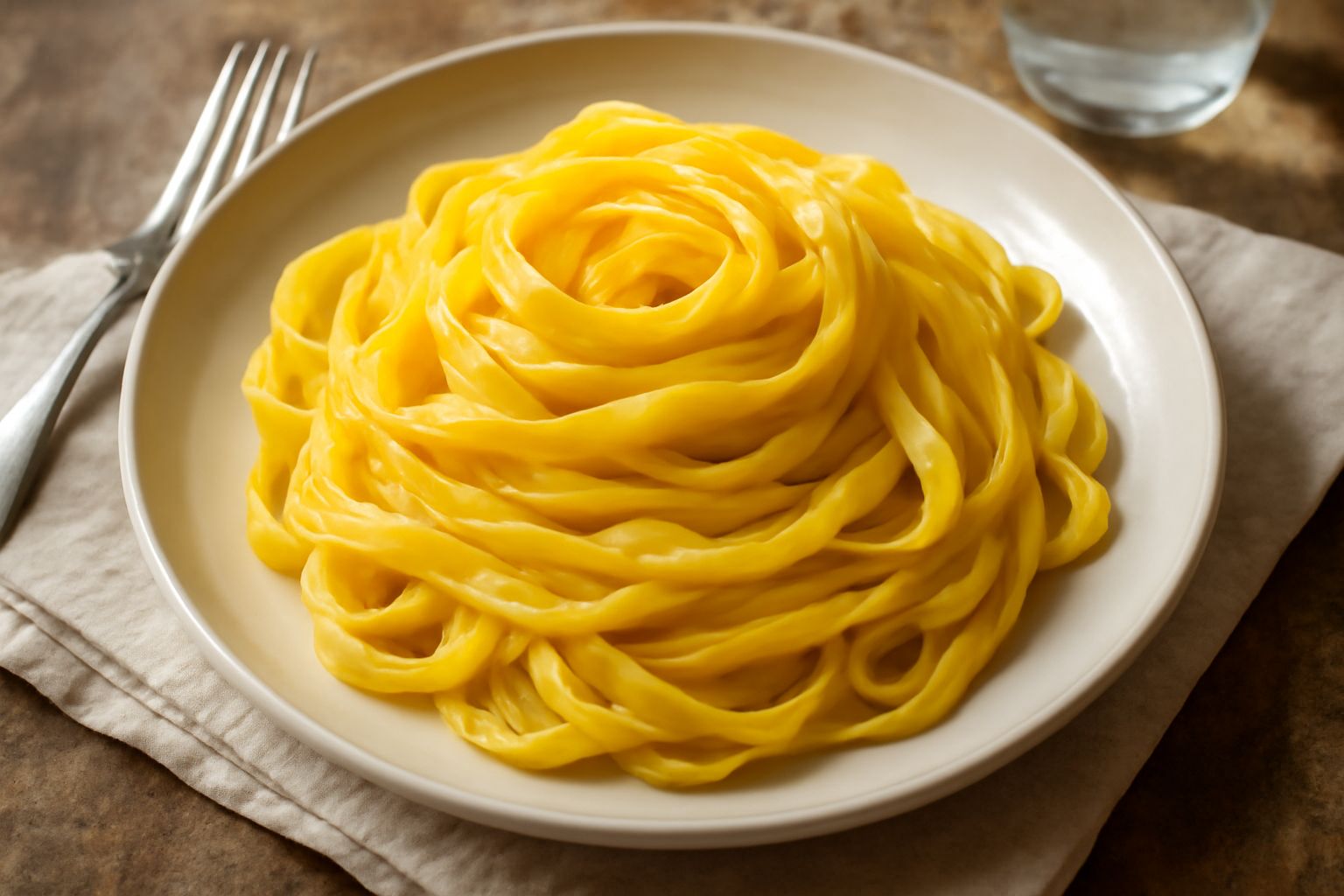 Tagliatelle gialle dorate arrotolate in nido su piatto bianco, cosparse di parmigiano grattugiato e accompagnate da salsa di ragù, con le uova crude e farina sullo sfondo