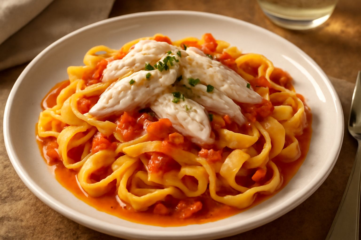 Tagliatelle di pesce presentate in piatto bianco: pasta gialla spessa, filetti di branzino bianco trasparente, vongole aperte grigio scuro, sugo rosso pomata con aglio fresco, prezzemolo verde e gocce