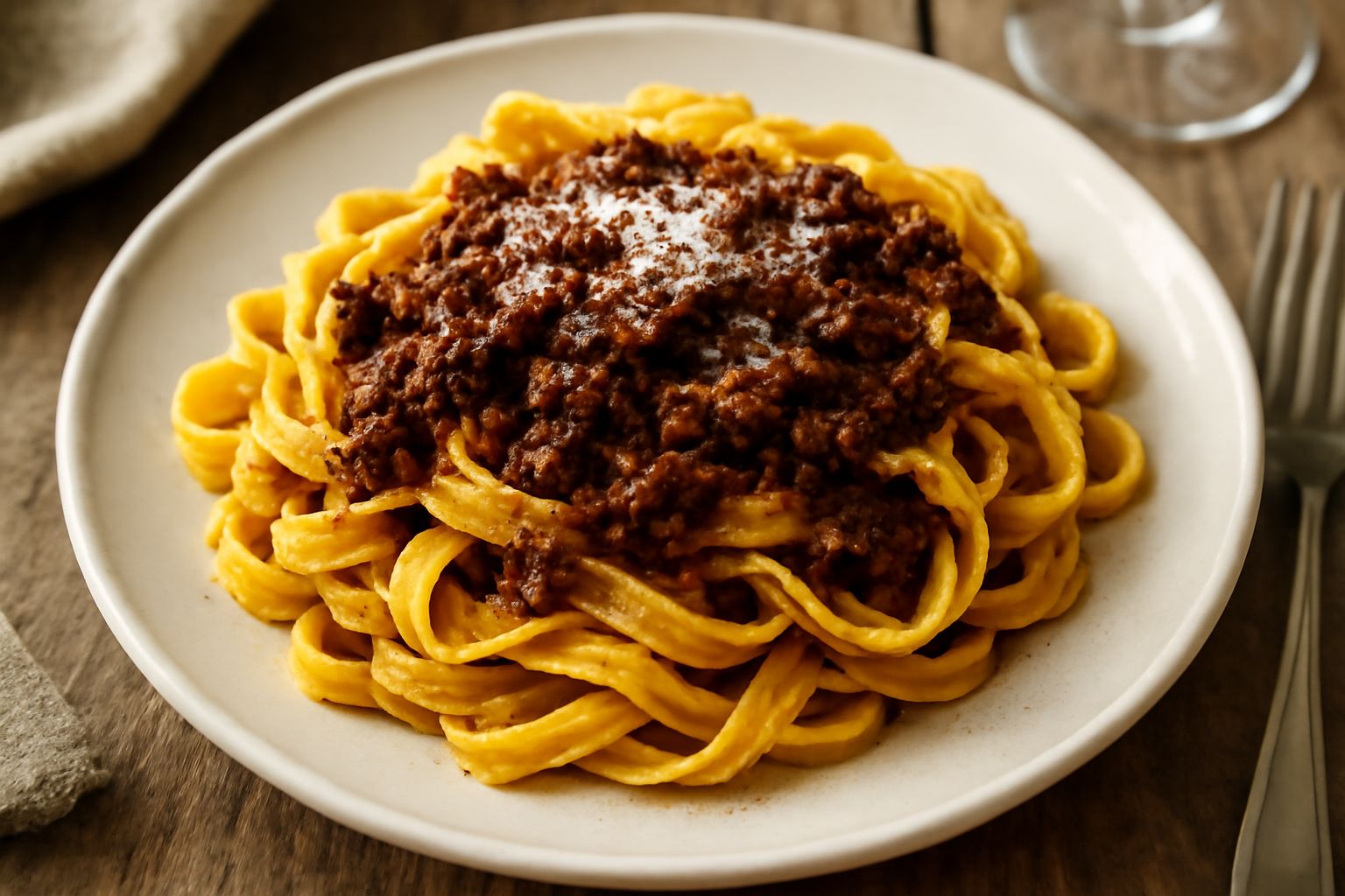 Tagliatelle di Rovigo nel piatto bianco, pasta color oro ricoperta di ragù di carne scuro e fumante, spolverata di parmigiano grattugiato, su sfondo grigio neutro