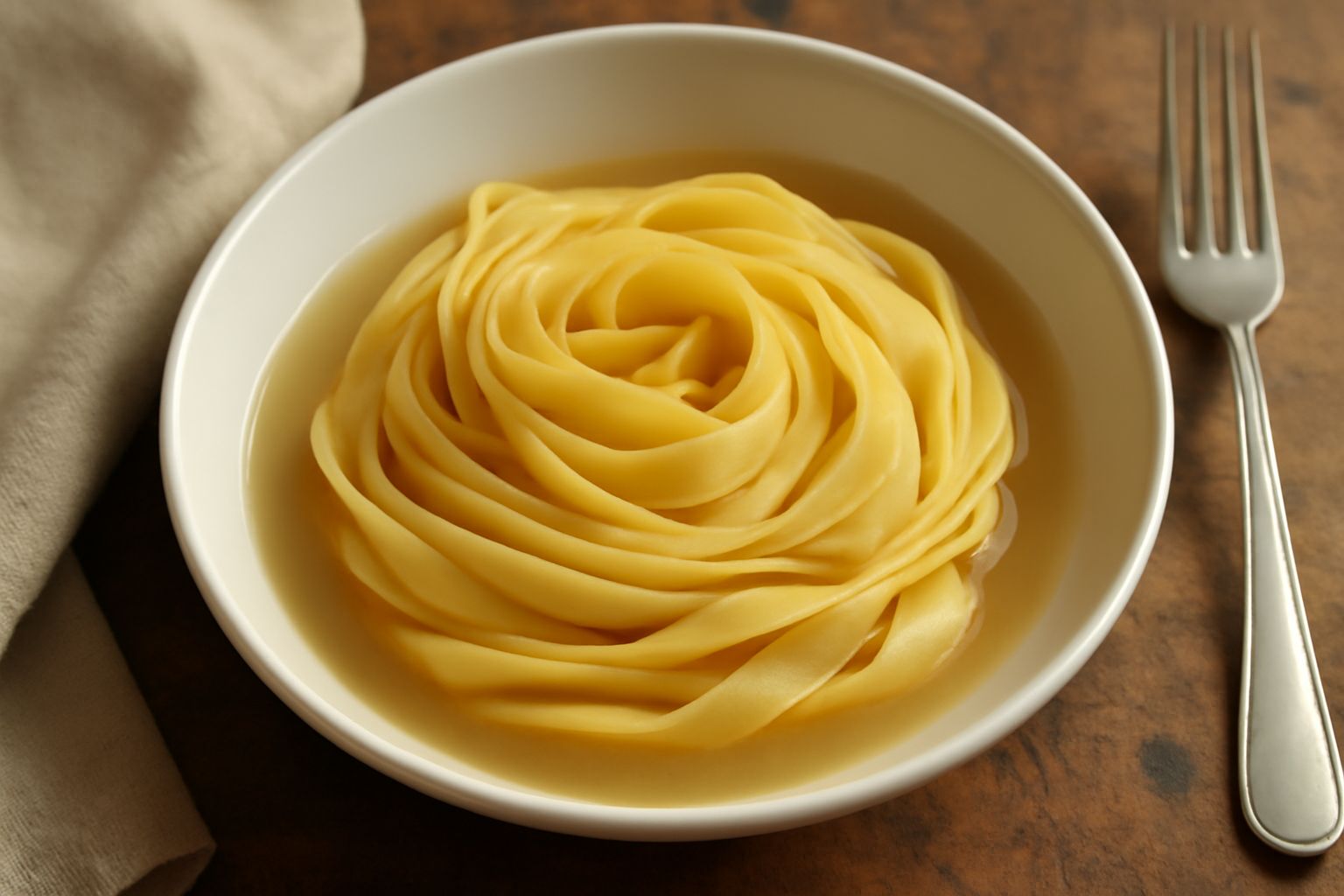 Tagliatelle dorate avvolte su se stesse a nido, servite nel piatto bianco con brodo leggero e qualche goccia di olio, vapore visibile, sfondo scuro