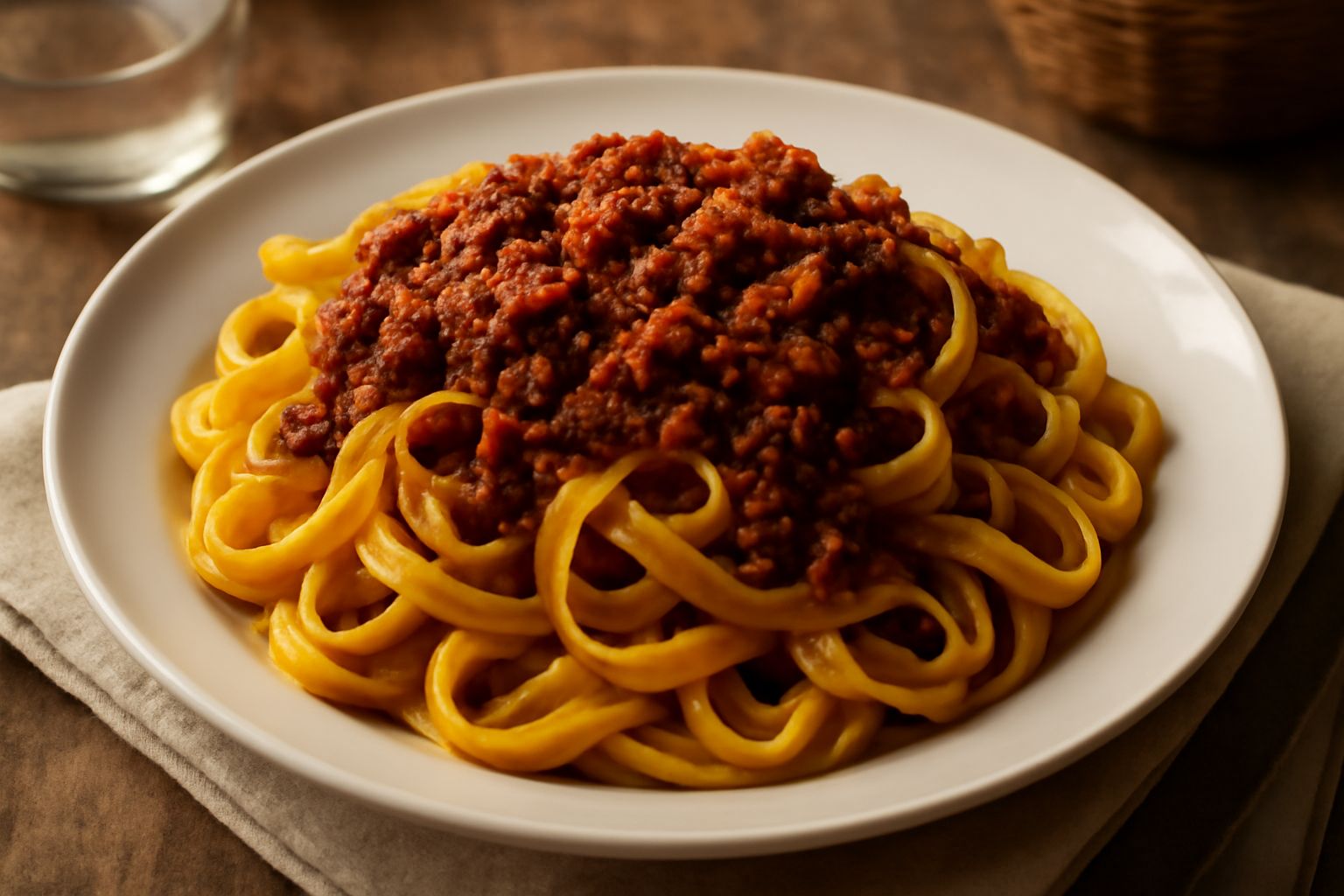 Tagliatelle di Spoleto cotte in un piatto bianco, larghe e ondulate, ricoperte di sugo di ragù scuro e grattugia di parmigiano reggiano, contorno di prezzemolo fresco