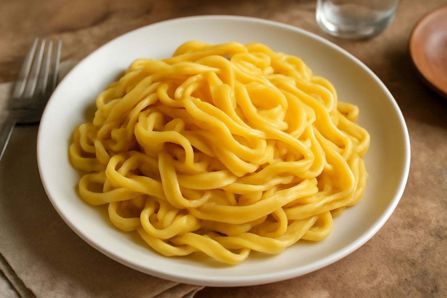 Tagliatelle fresche gialle e ondulate appoggiate su un tavolo di legno bianco, leggermente infarinate, con tracce di farina sparsa intorno. La pasta mostra la trasparenza caratteristica e le punte arr
