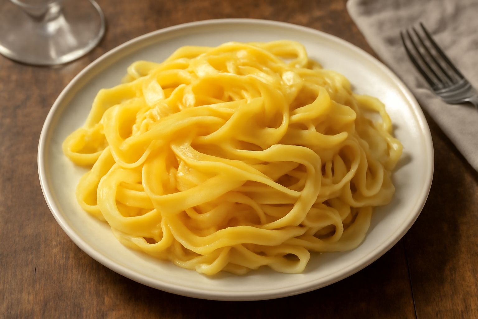 Tagliatelle fresche dorate arrotolate in nidi su una spianatoia di legno, con un mucchietto di farina bianca, una scodella di uova crude e un mattarello di legno accanto