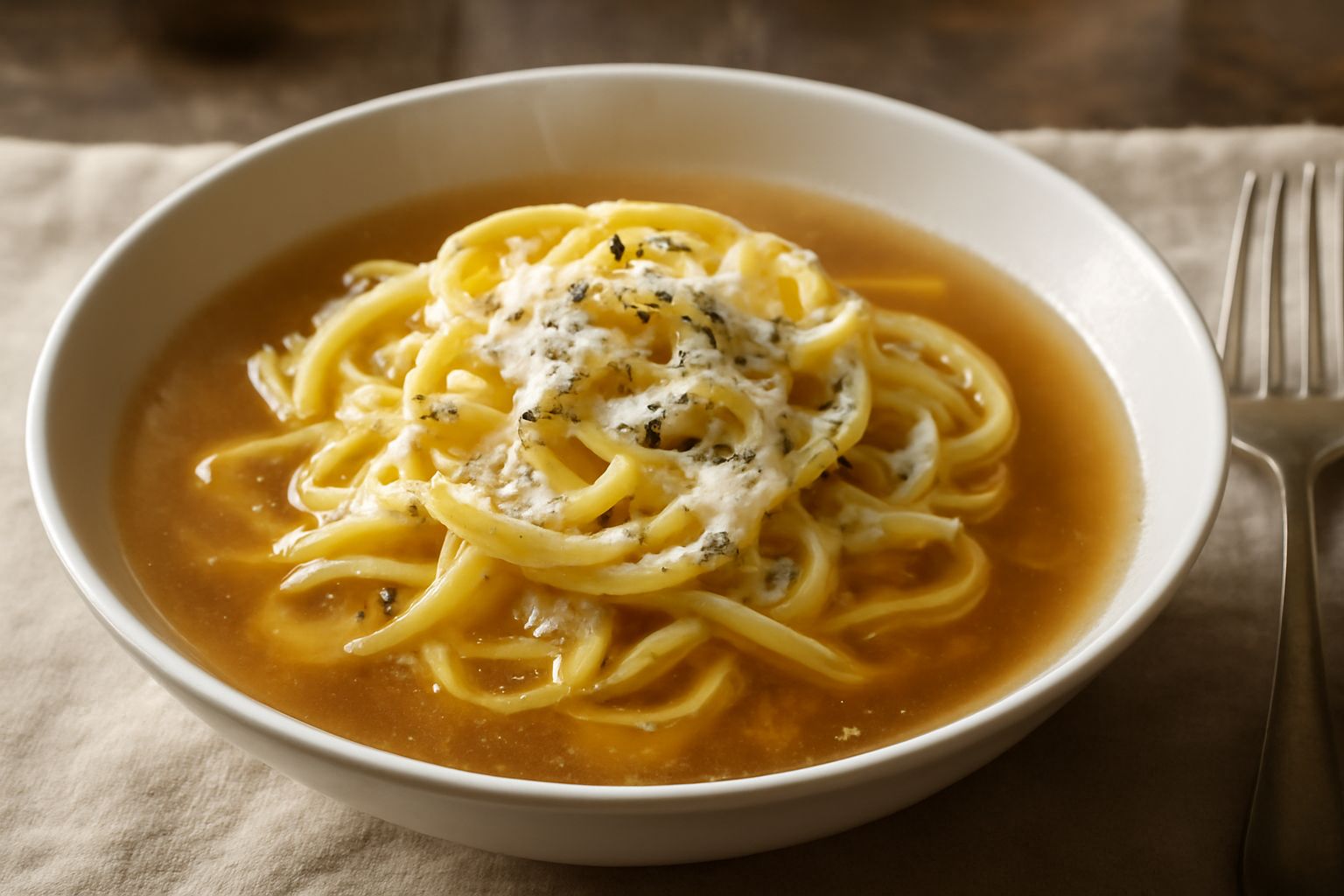 Ciotola di ceramica bianca con tagliatelle gialle immerse in brodo trasparente, parmigiano reggiano grattugiato in superficie, fili di pasta visibili sopra il brodo, foglia di prezzemolo fresco verde,