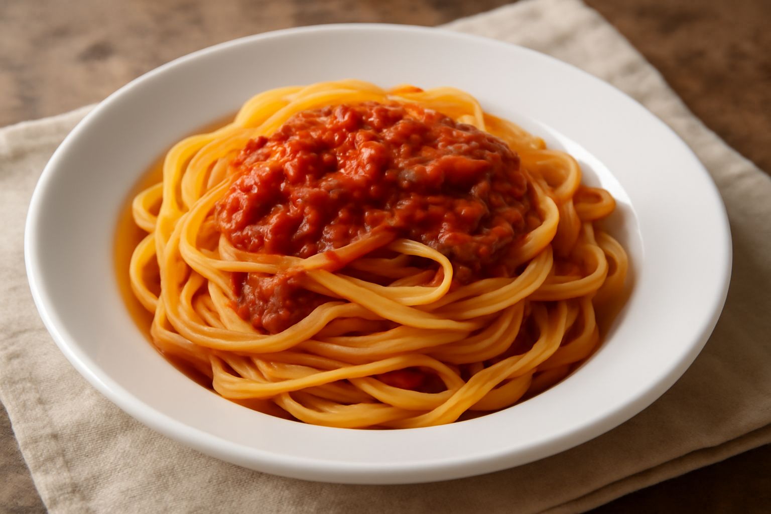 Piatto bianco con tagliatelle secche al dente, condite con ragù tradizionale, parmigiano grattugiato e prezzemolo fresco, servite fumanti
