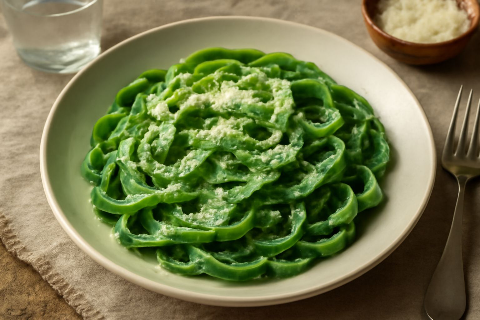 Piatto di tagliatelle verdi cremose servite in piatto bianco con burro e parmigiano grattuggiato, accompagnate da pochi spinaci freschi di contorno, sotto una luce naturale
