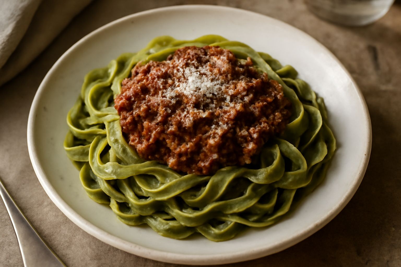 Piatto di tagliatelle verdi al ragù su fondo bianco: pasta ondulata di colore verde pallido rivestita di ragù rosso-marrone denso, decorata con parmigiano grattugiato bianco e foglia di basilico fresc