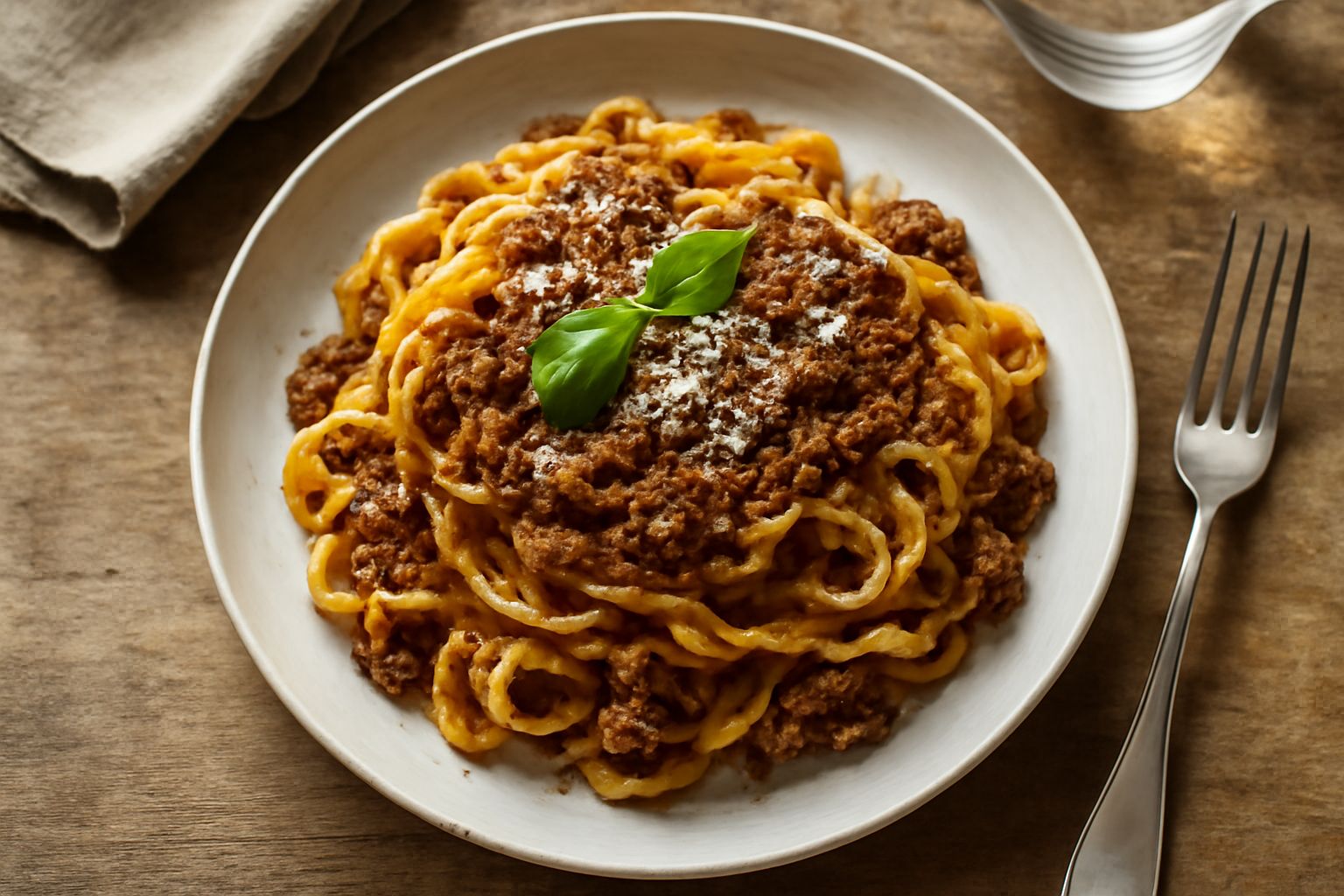 Piatto di tagliatelle viterbesi gialle dorate, ondulate, ricoperte da ragù marrone scuro di carne macinata, con parmigiano grattugiato bianco in superficie e formaggio sbriciolato ai bordi