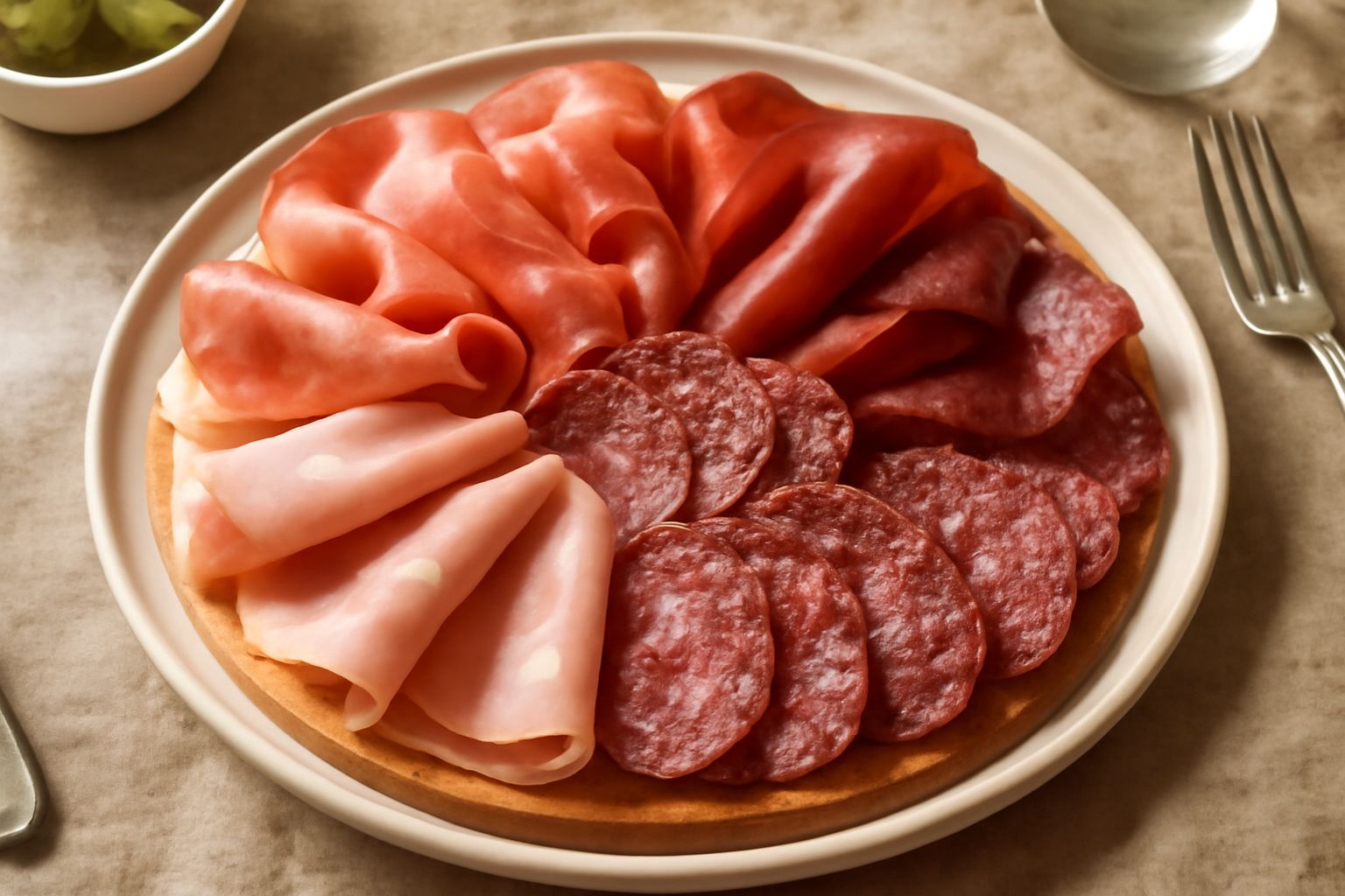 Tagliere di legno con prosciutto crudo, speck, mortadella e salami affettati sottili, disposti a ventaglio, con pane tostato, noci e olive nere ai lati
