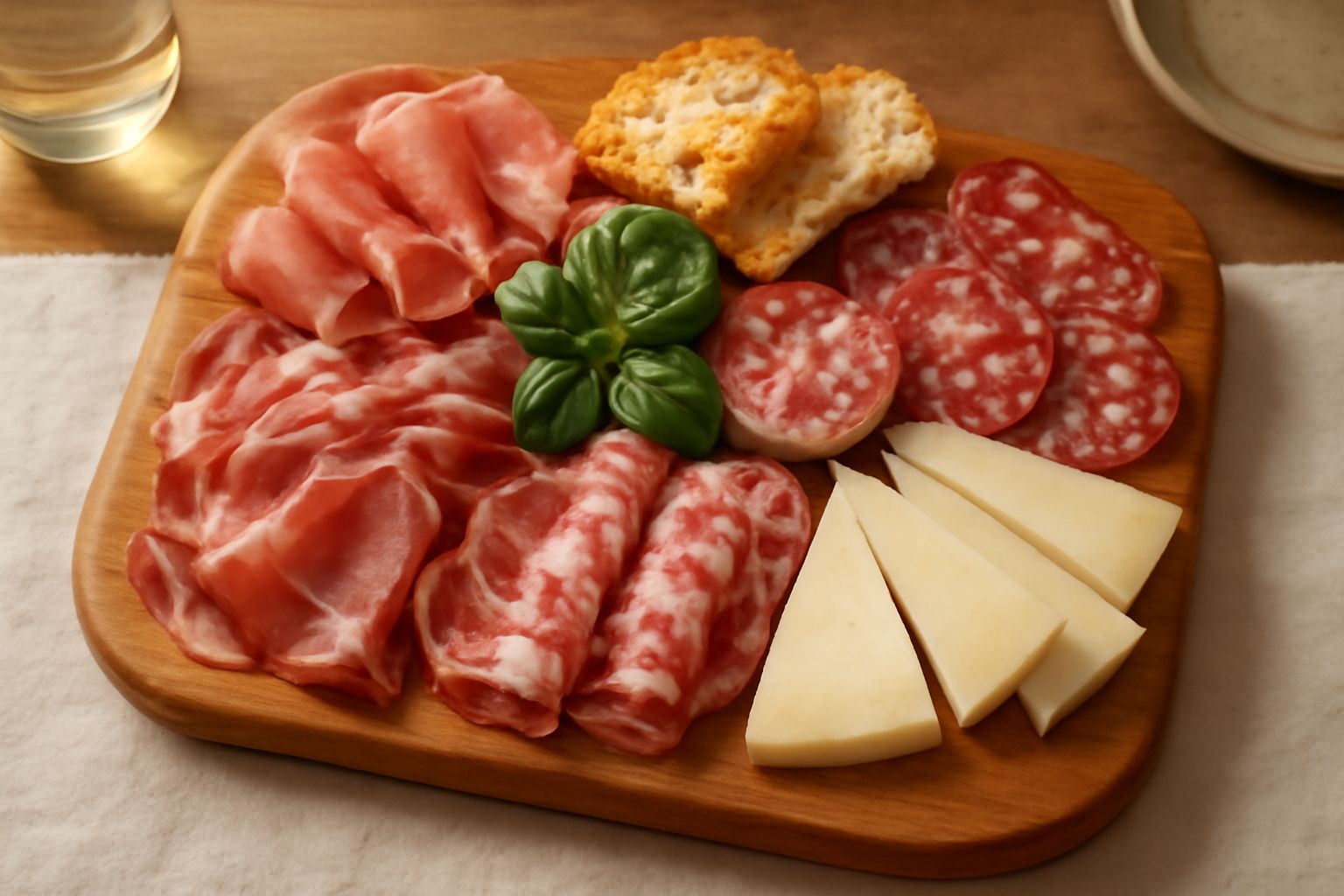 Tagliere in legno con affettati toscani: prosciutto crudo rosso scuro, salame striato, pancetta arrotolata, pecorino bianco e pane toscano su fondo neutro