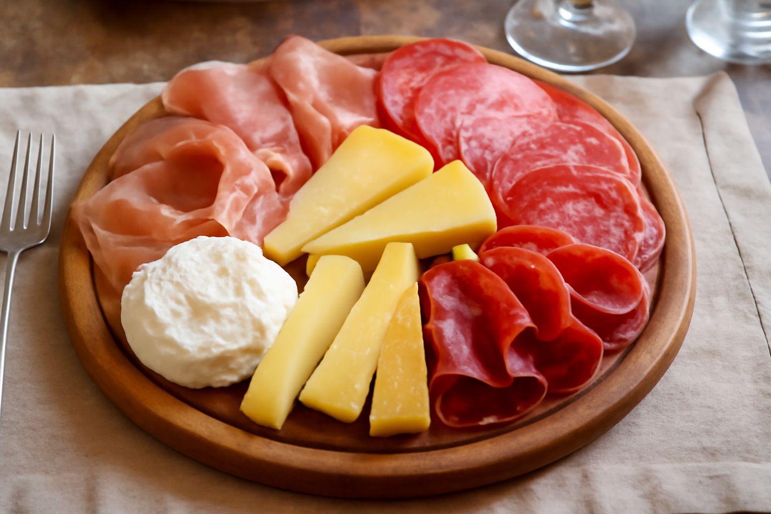 Tagliere di legno con quattro formaggi di diverse consistenze, tre salumi affettati, pane tostato, miele, uva e noci disposte in ordine intorno ai cibi