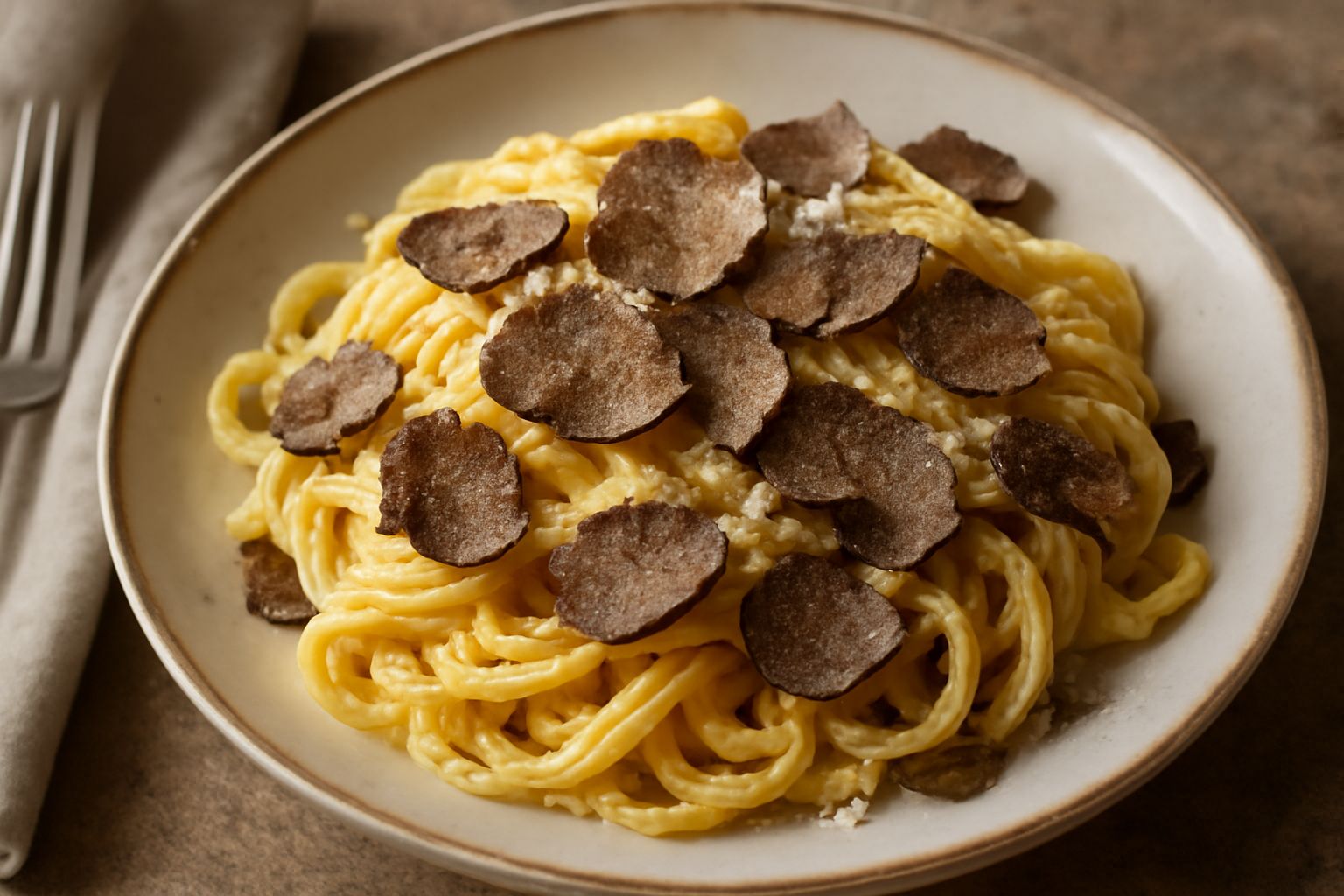 Tagliolini al tartufo nel piatto bianco, sottili e arricciati, conditi con tartufo nero grattugiato fresco, burro lucido e scaglie di parmigiano, vapore leggero visibile