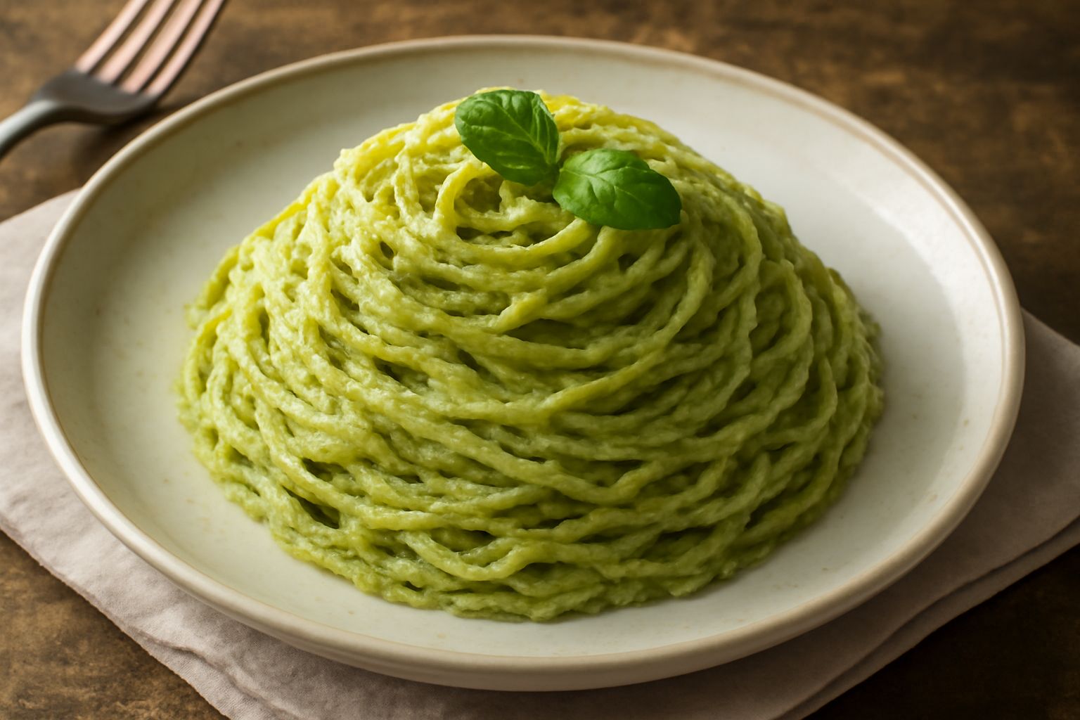 Piatto bianco con tagliolini sottili e verdi ricoperti di pesto denso, guarnito con foglie di basilico fresco, pinoli tostati e una goccia di olio d'oliva, servito con una grattugia di parmigiano alla