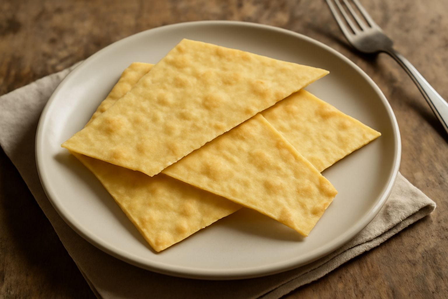 Taiada dorata e croccante su un piatto bianco, sfoglia sottile e uniforme con superficie leggermente butterata, intera e spezzata a metà