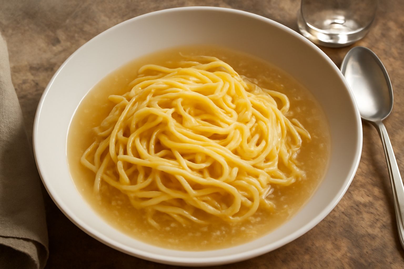 Ciotola larga di ceramica bianca con taiarin sottili di pasta fresca gialla immersi in brodo trasparente e gelatinoso, decorati con prezzemolo fresco tritato fine e un filo di olio extravergine