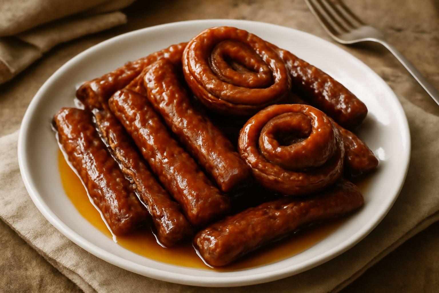 Tajadele dorate e croccanti su un piatto bianco, rivestite di miele e granuli di zucchero, con un bicchiere di vino bianco accanto