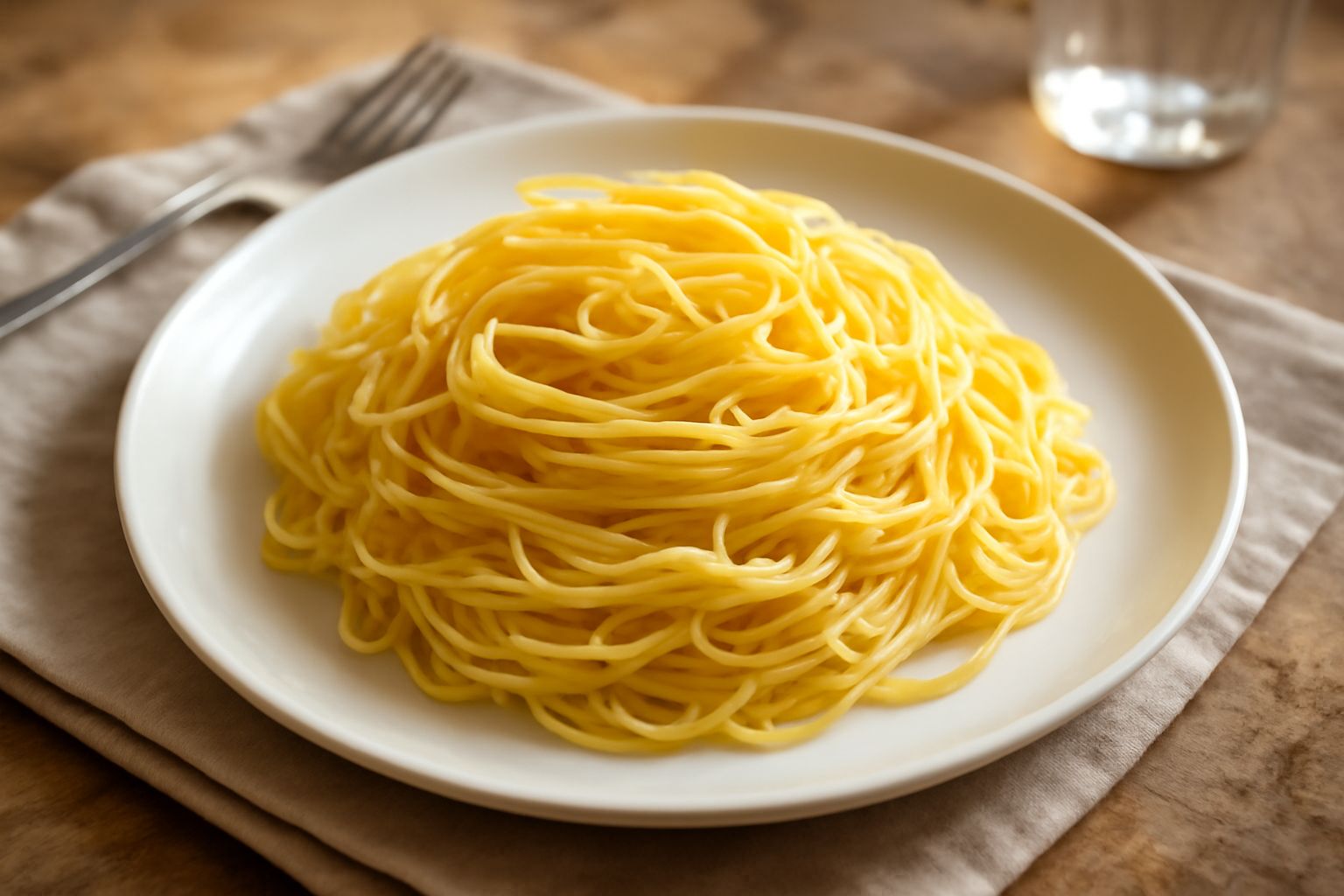 Piatto bianco con tajarin ondulati e giallognoli, mantecati con burro e salvia fresca, spolverati di parmigiano grattugiato, su tovaglia di lino bianco