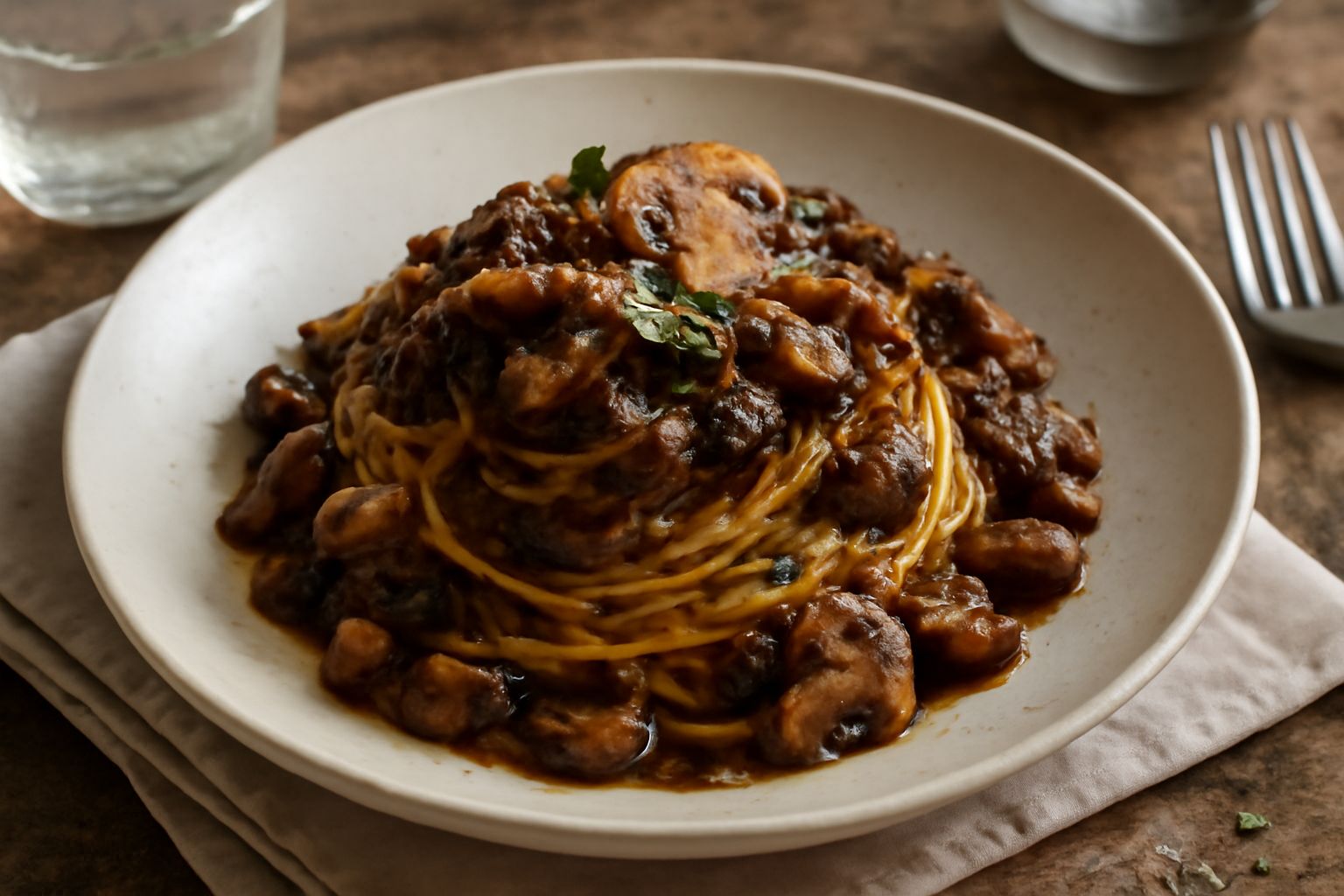 Piatto bianco con tajarin gialli arrotolati a nido, ricoperti di sugo marrone scuro di funghi, qualche fungo intero visibile in superficie, grattugia di parmigiano leggera, prezzemolo fresco verde, va