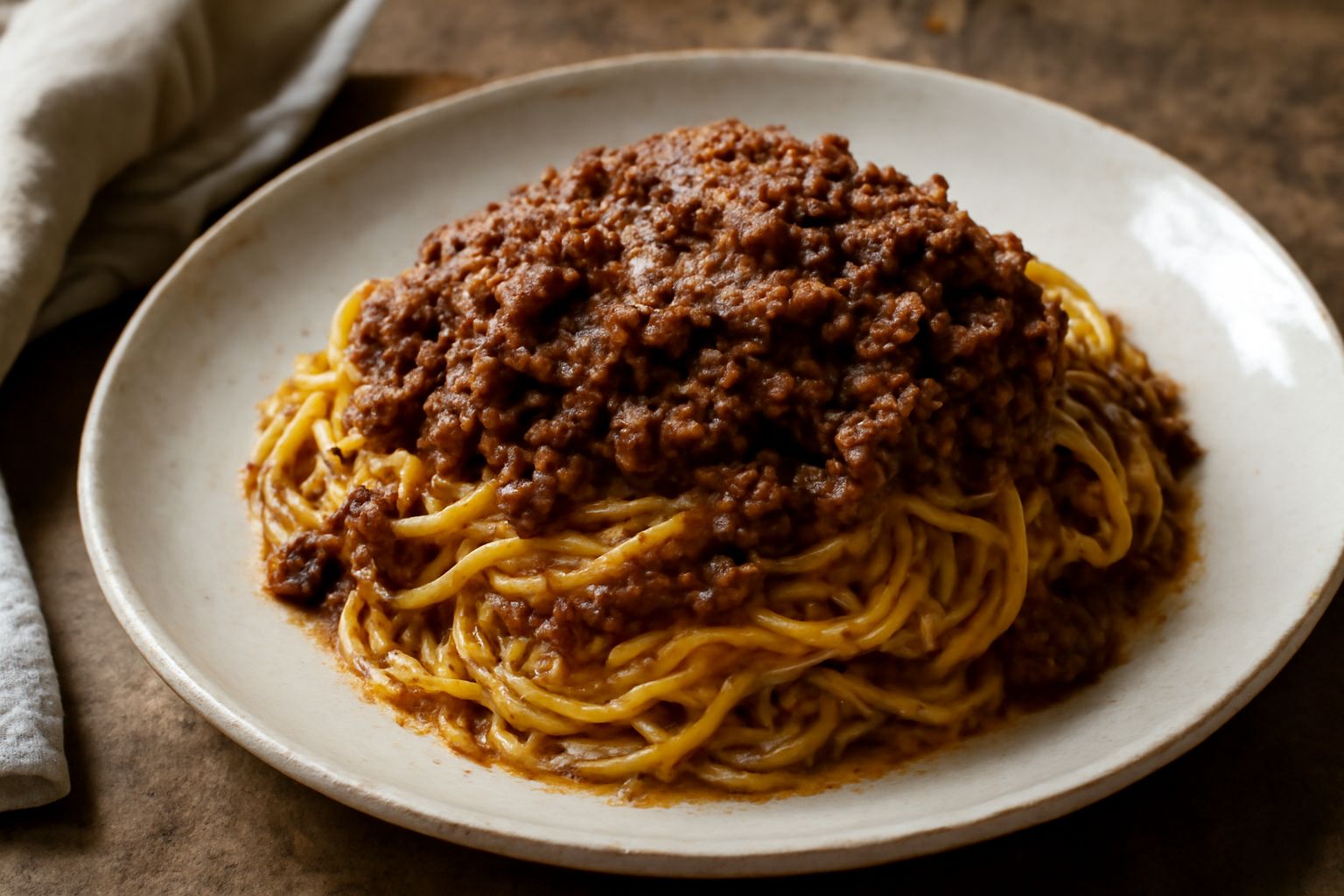 Piatto di tajarin gialli cremosi ricoperti di ragù scuro, guarnito con un filo di parmigiano grattugiato, su fondo bianco con forchetta