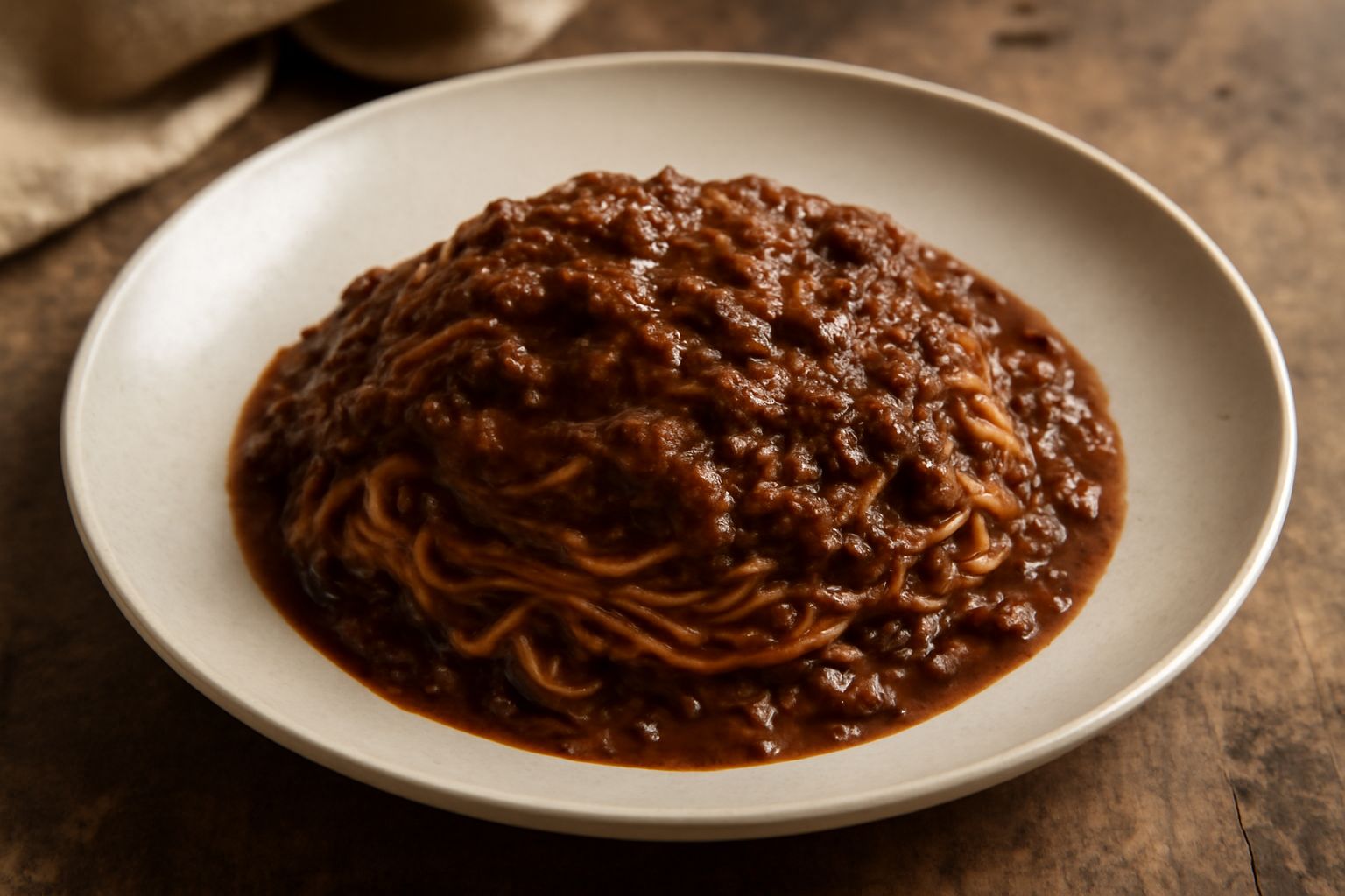 Piatto di porcellana bianca con tajarin avvolti nel ragù scuro di lepre, visibili i filamenti di pasta sottile ricoperti di sugo denso, guarnito con parmigiano grattugiato e pepe nero macinato