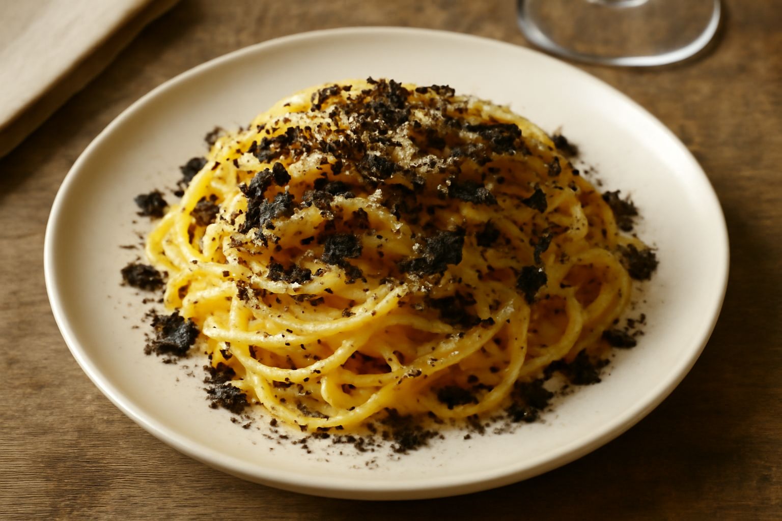 Piatto di tajarin dorati conditi con tartufo nero grattugiato, burro fuso e parmigiano reggiano, serviti in un piatto bianco con bordo sottile