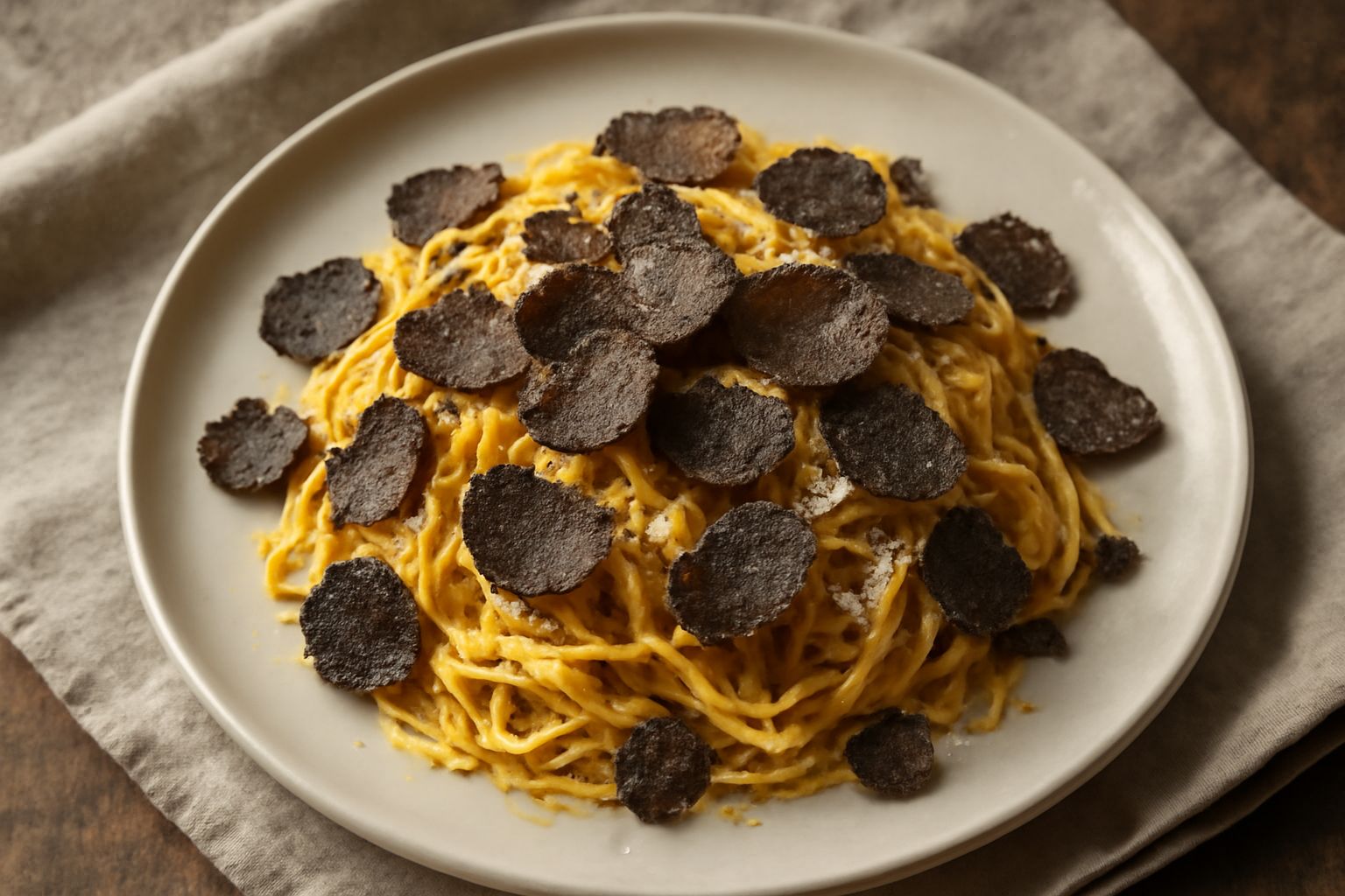Piatto di tajarin sottilissimi color giallo paglierino, ricoperti da scaglie nere di tartufo, con gocce di burro lucido visibili tra i nastri, parmigiano grattugiato finemente sparso, su piatto bianco