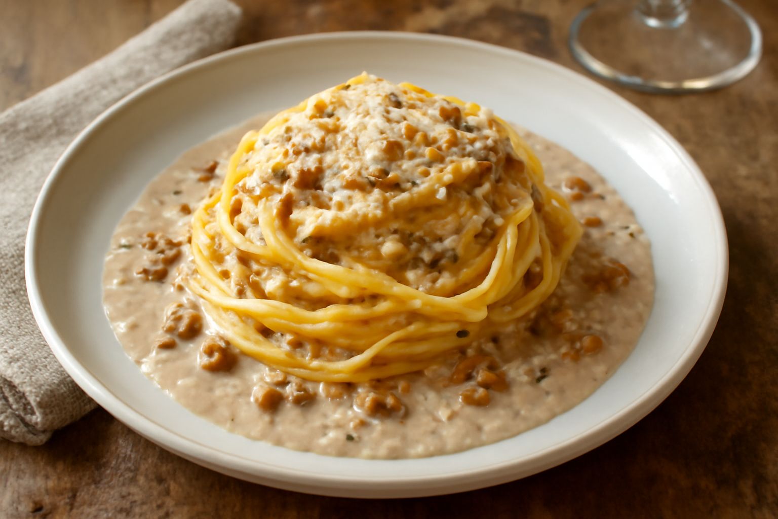 Nido di tajarin sottili su piatto bianco con salsa color nocciola cremosa, granelli di noci tostate, burro fuso sopra, guarnizione di parmigiano grattugiato bianco e rametto di prezzemolo