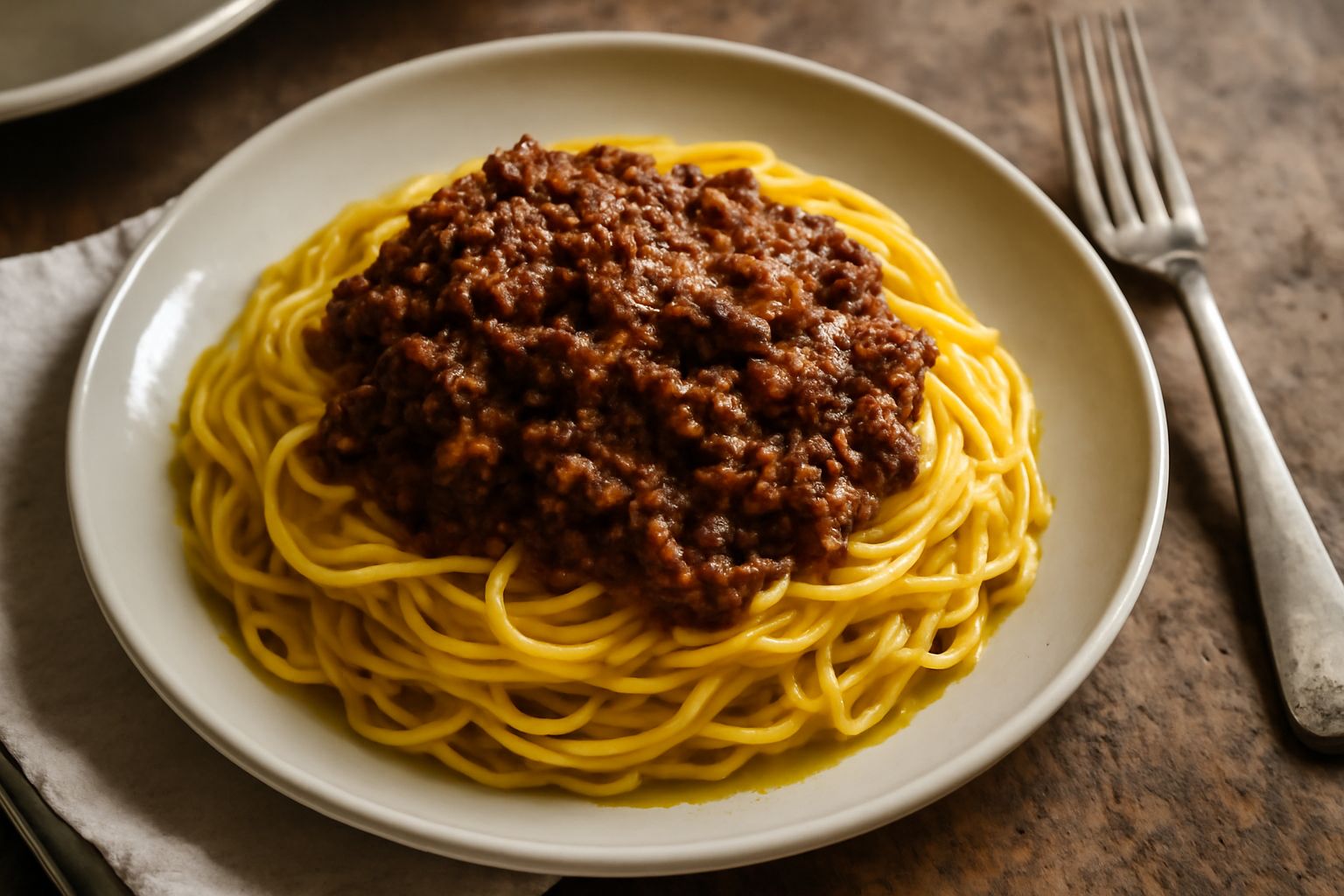Piatto di tajarin gialli con ragù marrone scuro e denso, guarniti con formaggio grattugiato, su fondo bianco con forchetta laterale