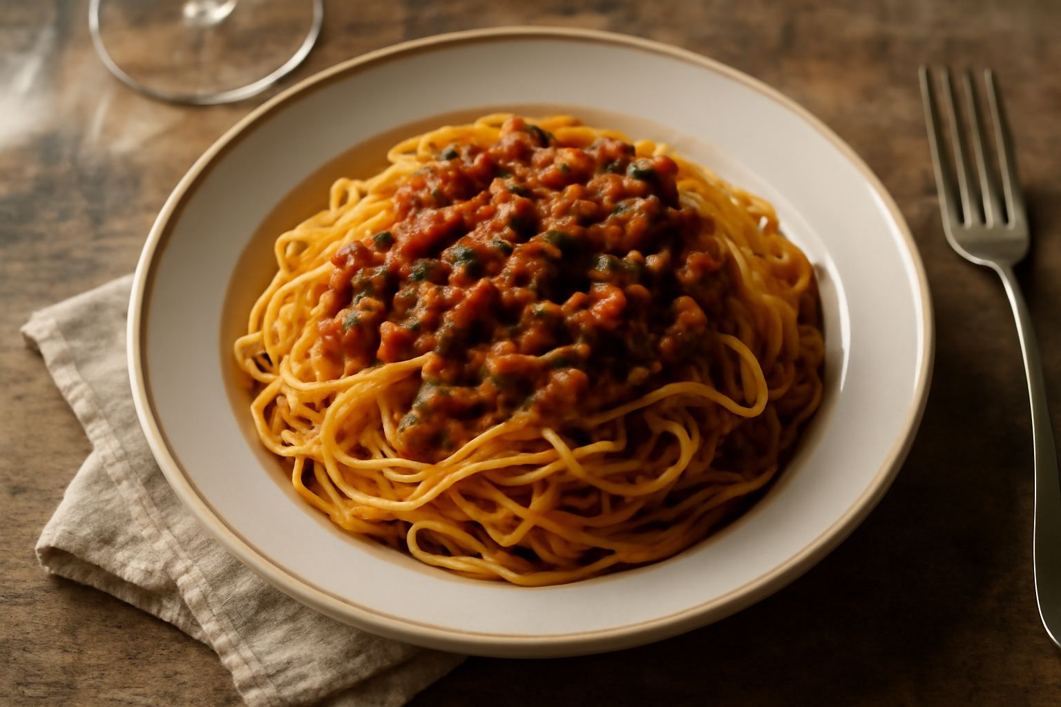 Nido di tajarin gialli su piatto bianco, spolverati di parmigiano grattugiato, accanto a una ciotola di ragù scuro e cucchiaio di legno