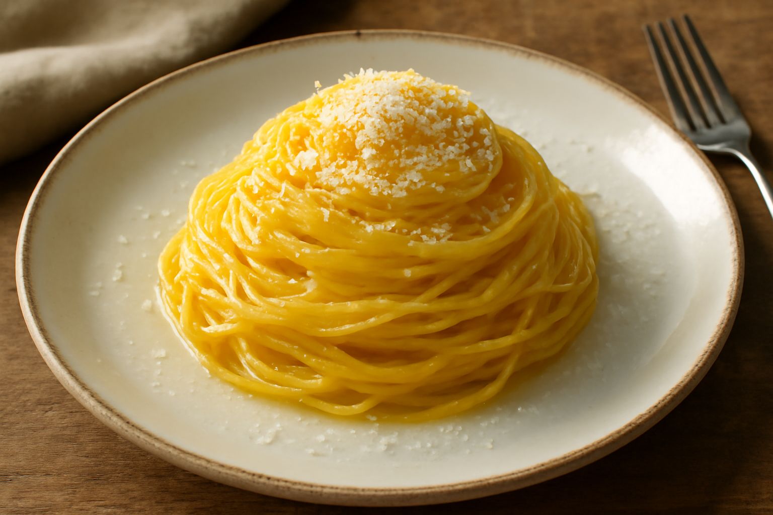 Nido di tajarin sottili e dorati su piatto bianco, spolverato di parmigiano grattugiato, accanto a un pezzo di mattarello di legno e farina sparsa sulla carta da cucina