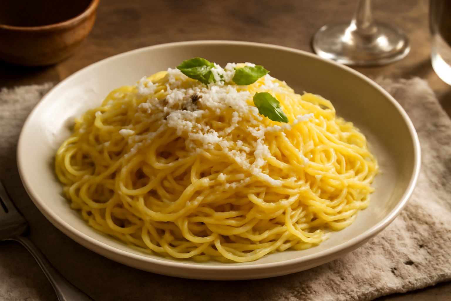 Tajarin nel piatto, filo di pasta sottile ondulato color biondo paglierino, cosparsi di burro sciolto, formaggio grattugiato e pepe nero appena macinato