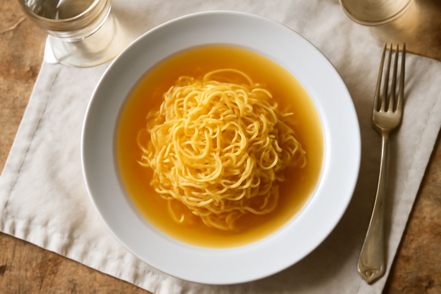 Ciotola di ceramica bianca con tajarin gialli finissimi immersi in brodo trasparente ambrato, completati da una grattugia di parmigiano reggiano e una foglia di prezzemolo