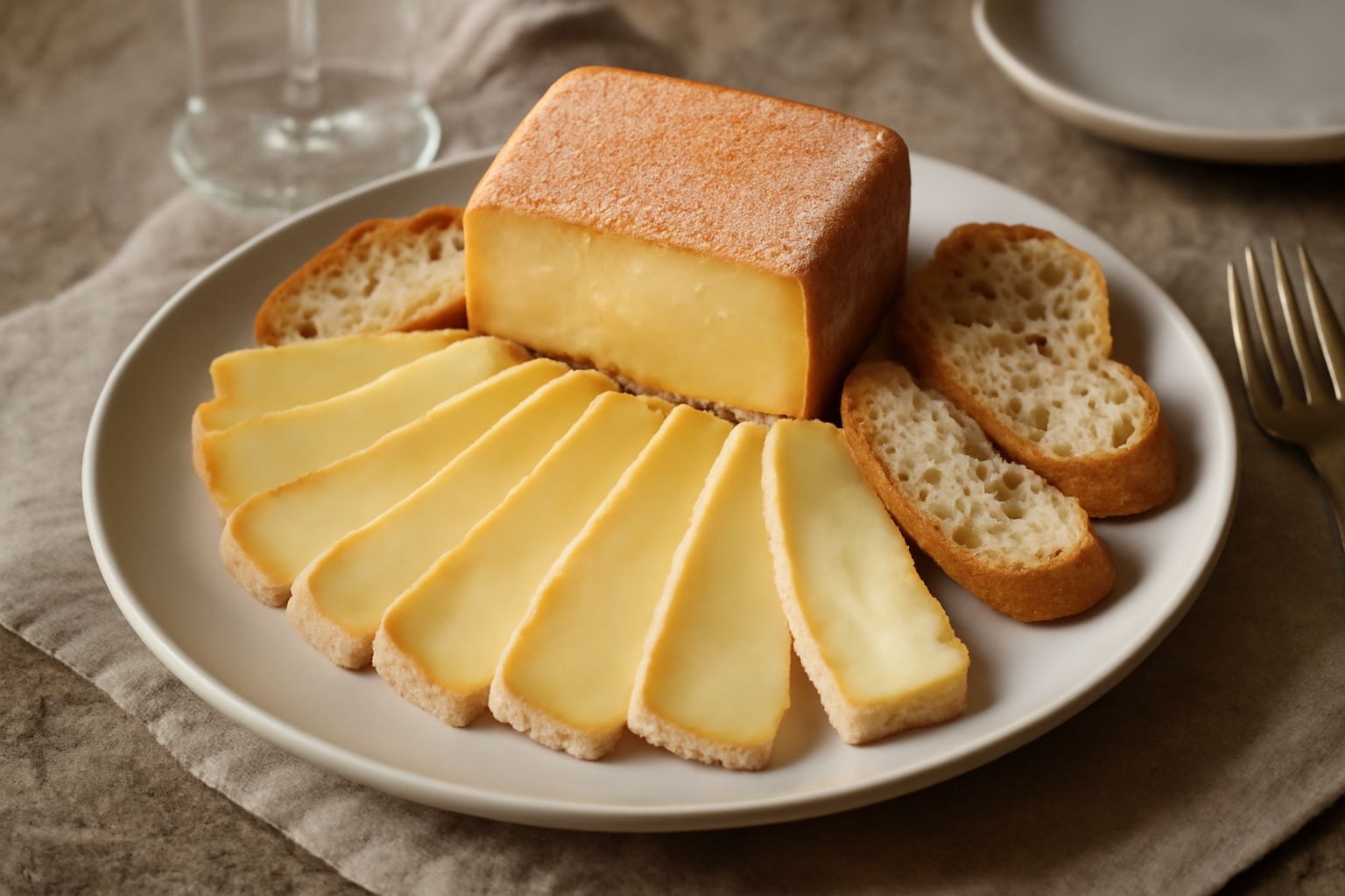 Taleggio intero su un piatto bianco con buccia rosata, accanto a fette sottili di melone pallido e uva bianca, con un bicchiere di vino bianco in sottofondo