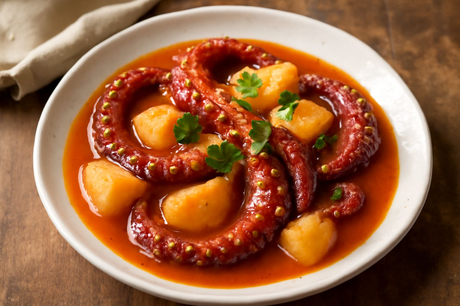 Polpo cucinato in piatto fondo di ceramica bianca, con tentacoli rossi arricciati, insaporato di aglio e prezzemolo verde, circondato da patate piccole e pomodori in brodo leggero