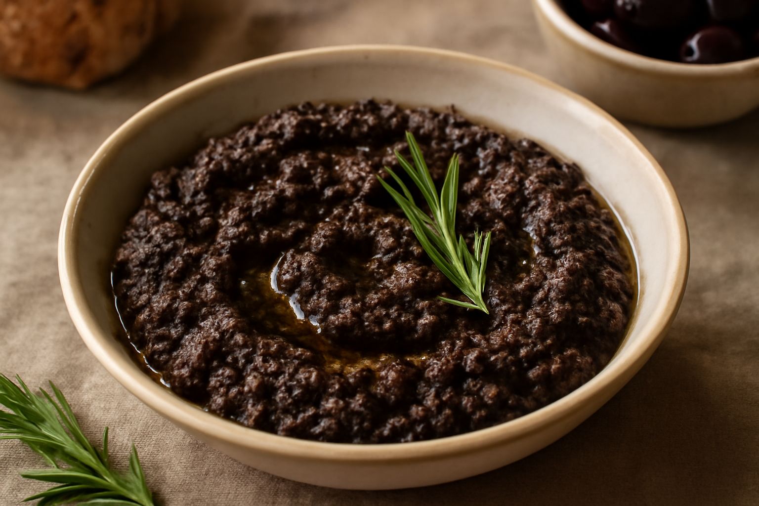 Tapenade di colore marrone scuro servita in una ciotola bianca, con superficie granulosa e cremosa, guarnita con un ramo di rosmarino fresco e un filo di olio d'oliva dorato, con fette di pane tostato