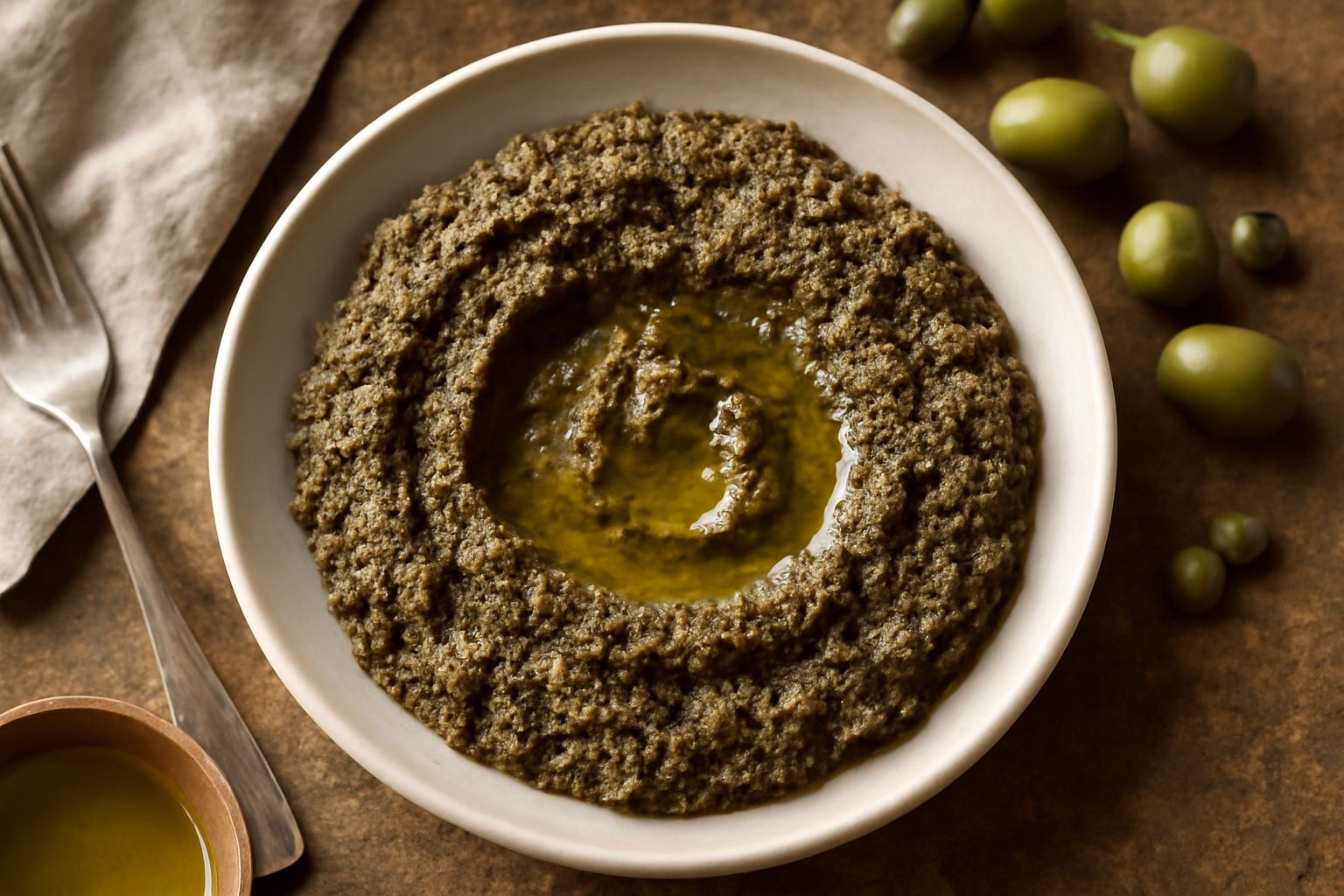Ciotola di ceramica bianca piena di tapenade di colore verde scuro, con superficie irregolare e lucida, decorata con un filo di olio d'oliva e accompagnata da fette di pane casereccio tostato su un pi