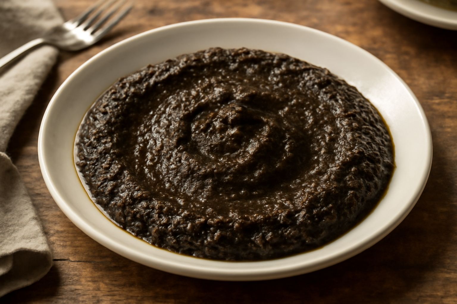 Tapenade di olive ascolane cremosa verde scuro in una ciotola bianca, servita con fette di pane tostato e un cucchiaio, su tavolo di legno naturale