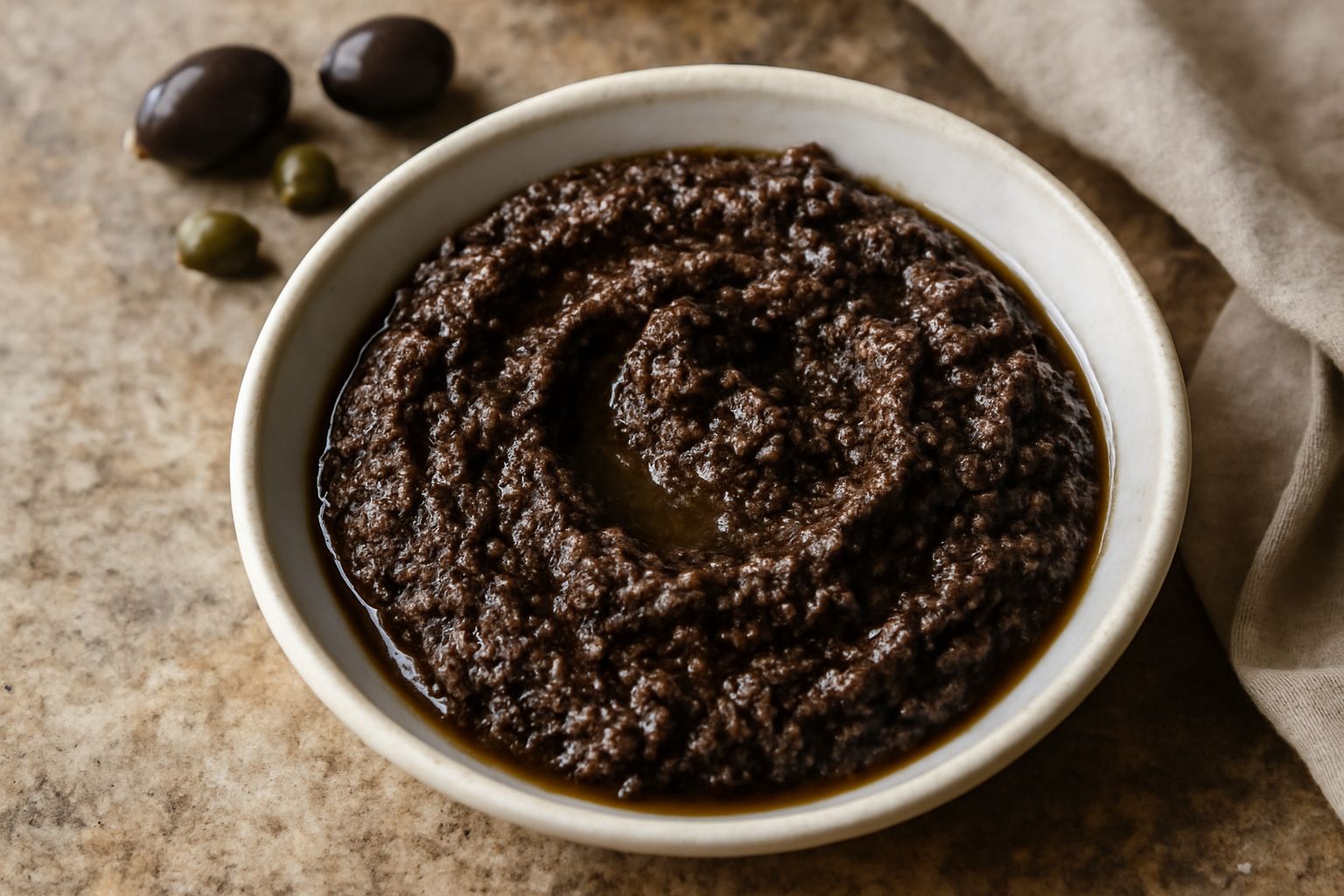 Ciotola di ceramica bianca con tapenade d'olive marrone scuro e cremosa, guarnita con un filo d'olio verde e olive intere, accanto fette di pane tostato