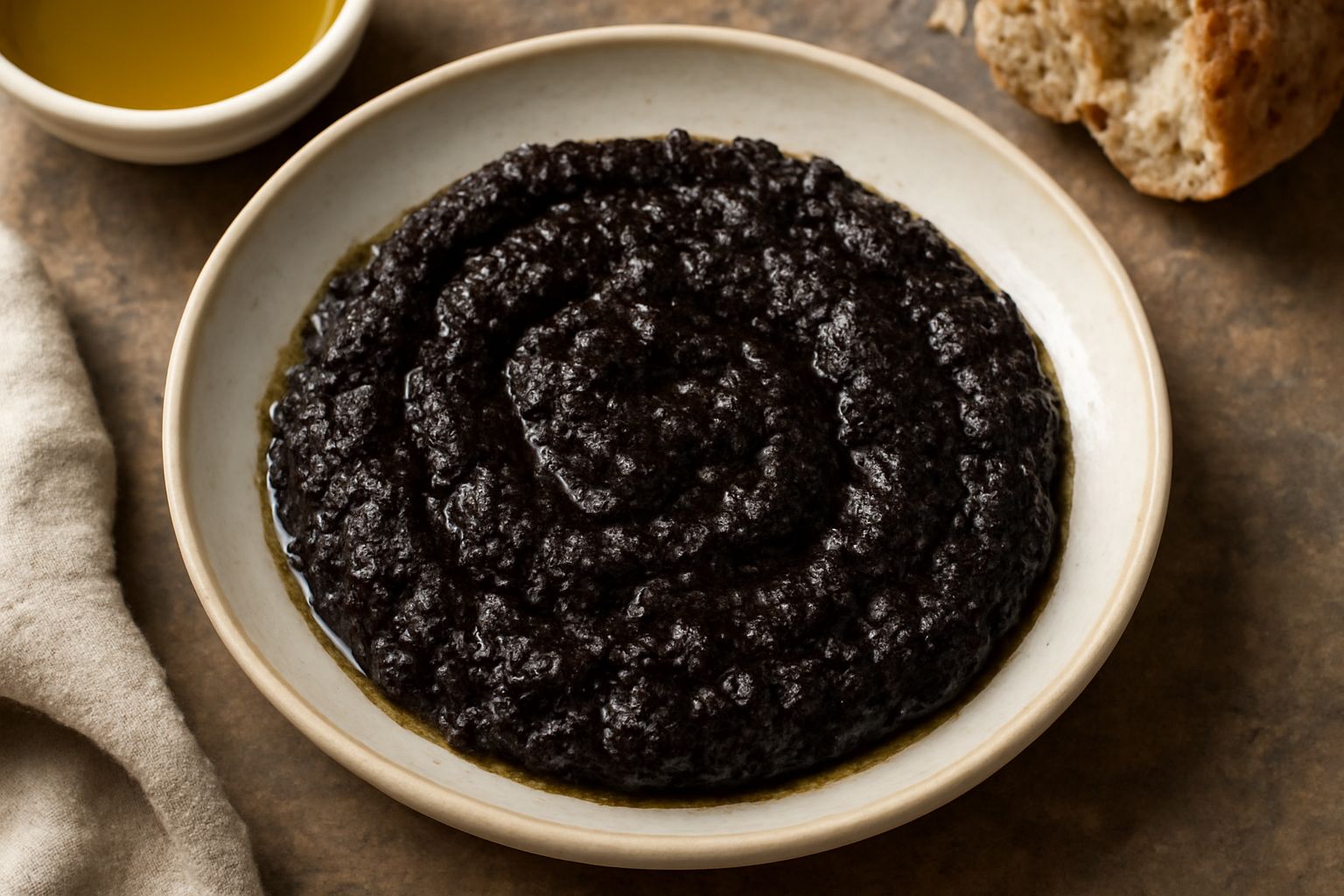 Tapenade ligure di colore marrone scuro in una ciotola bianca, cremosa e densa, con tracce di olio d'oliva lucido in superficie, servita con fette di pane tostato accanto