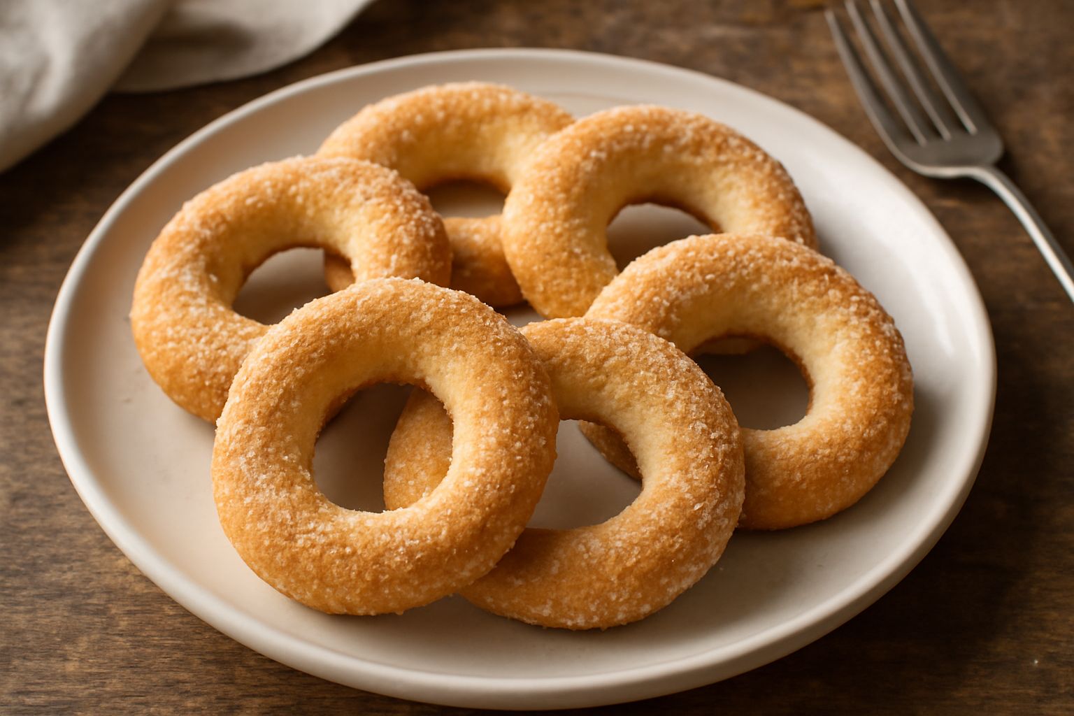 Taralle dolci dorate a forma di ciambella con zucchero granulato sulla superficie, poggiate su una carta bianca con una tazza di caffè sfocata sullo sfondo